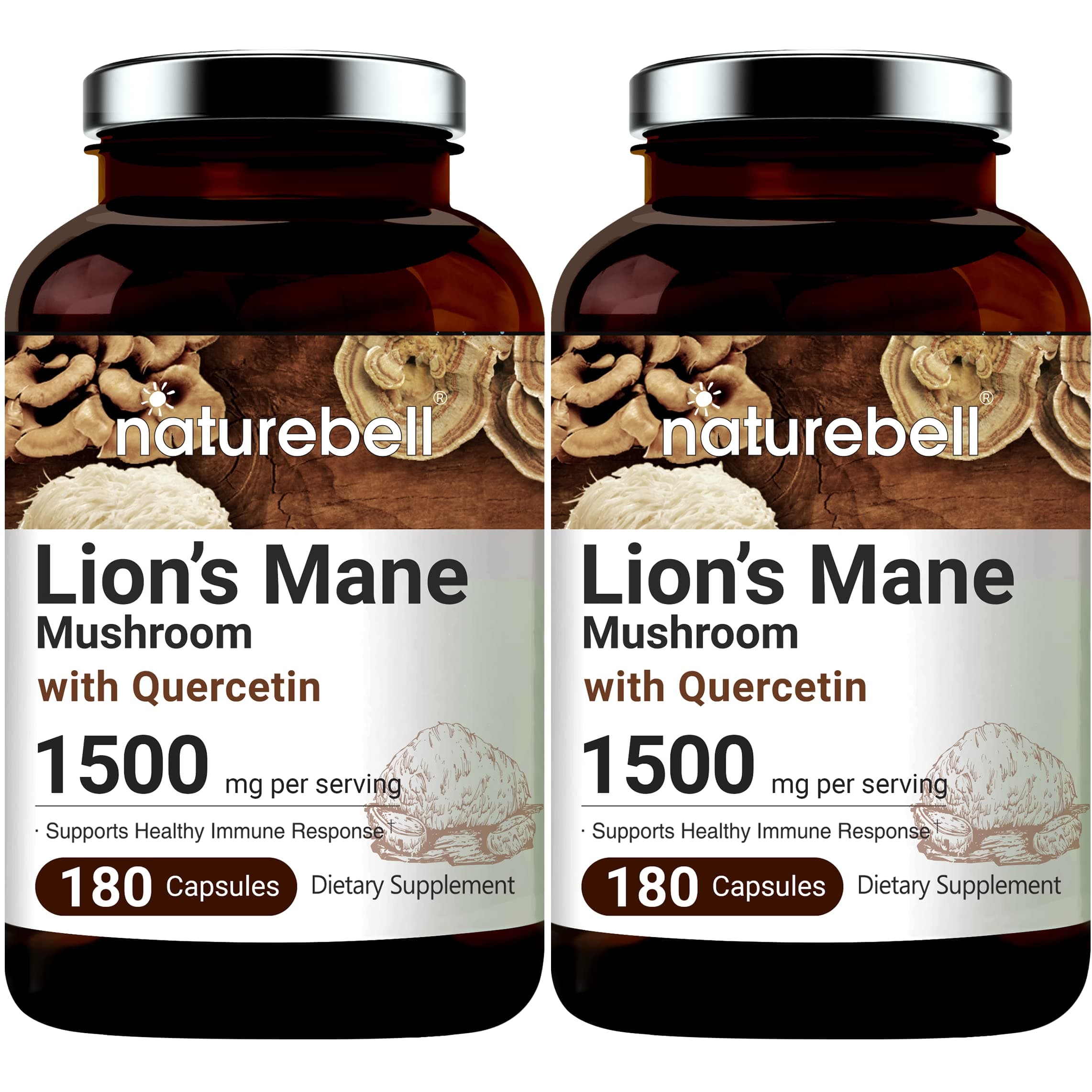NatureBell Lions Mane Quercetin Supplements, 1500mg Lion's Mane Plus 25mg Quercetin Per Serving, 180 Capsules, 2 in 1 Formula, Supports Immune System and Brain Health, Non-GMO, Pack of 2