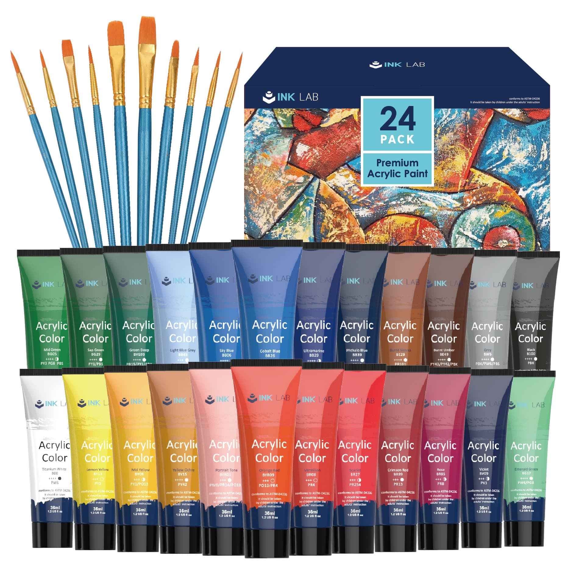 Acrylic Paint Set 24 Colors Craft Paints in Tubes with 10 Art Brushes Rich Pigment for Artists Beginners Painting on Canvas Wood Fabric Crafts, 36ml/Tube