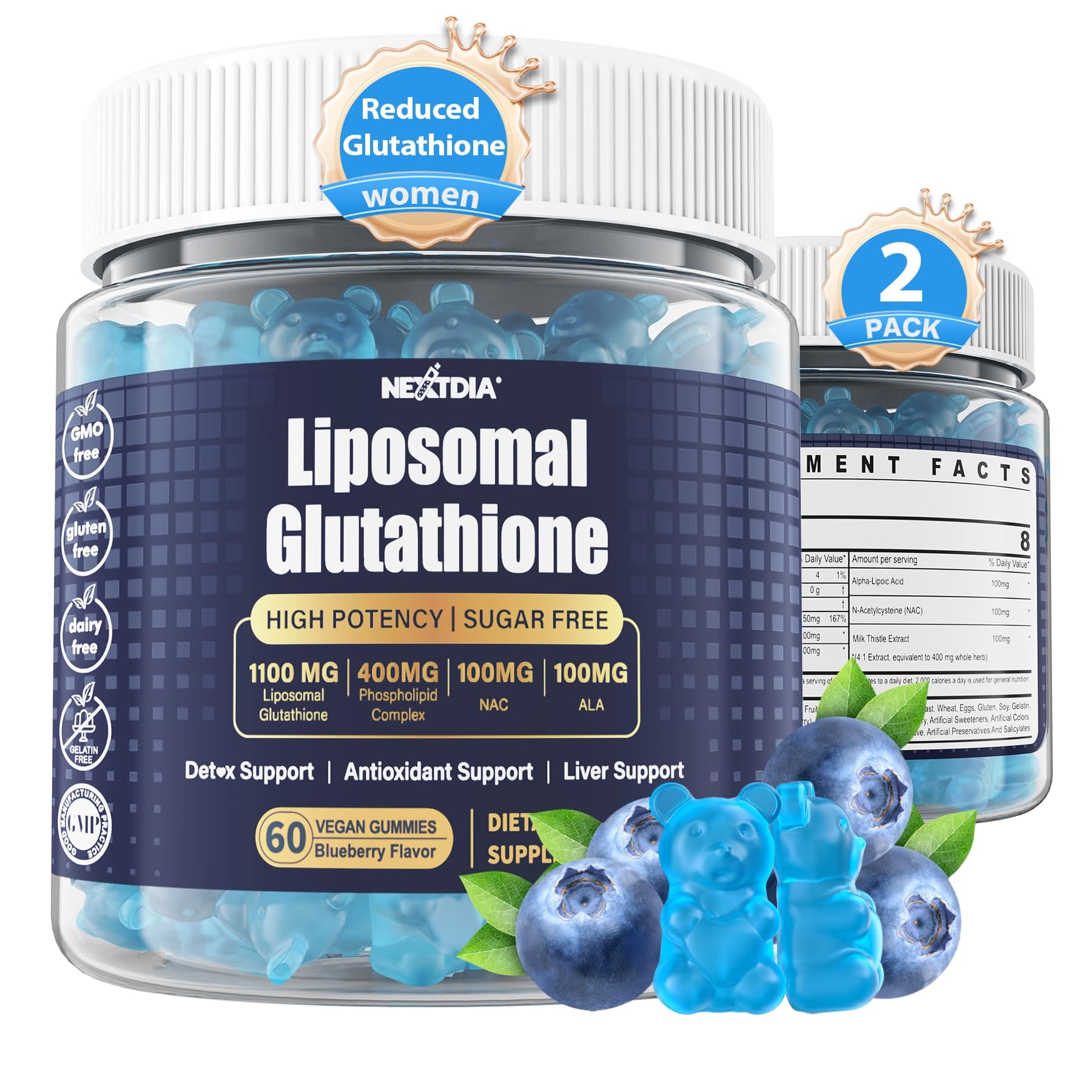 Liposomal Glutathione Gummies Chews, 1100mg Concentrated Formula - 98% Bioavailable w/Vitamin C, ALA, NAC & Milk Thistle for Antioxidant - Liver Cleanse Detox Supplement, Vegan, 120 ct
