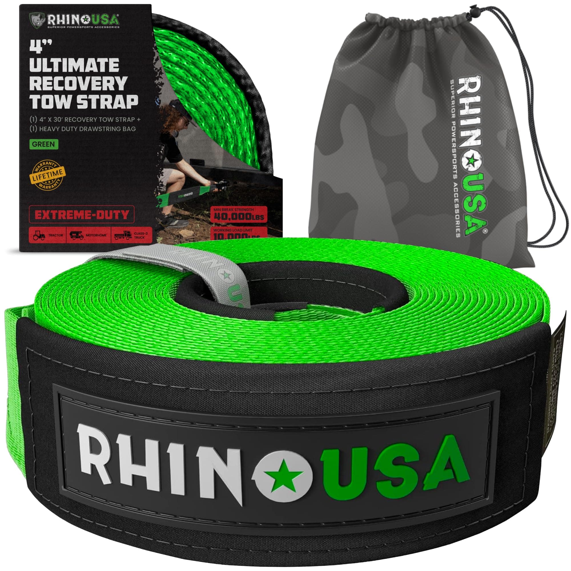 Rhino USA Recovery Tow Strap (4" x 30') Lab Tested 40,320lb Break Strength, Premium Draw String Bag Included, Triple Reinforced Loop Straps to Ensure Peace of Mind - Emergency Off Road Towing Rope