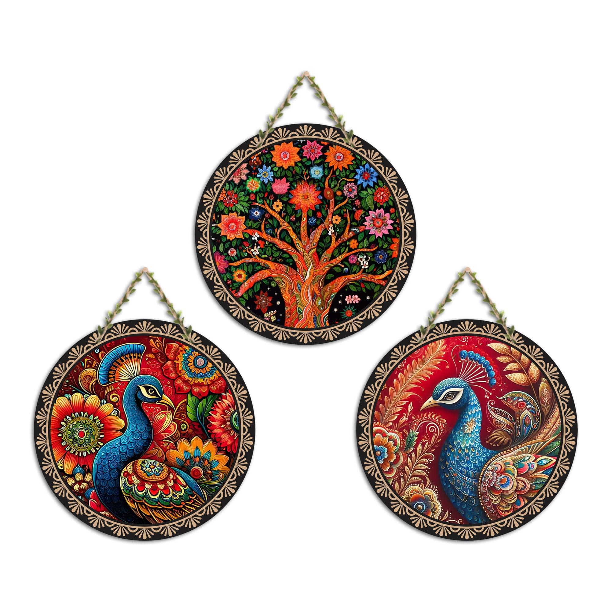 Artvibes Peacock Art Round Shape MDF Wooden Wall Decor Items | Home Decor | Wall Accent | Scenery For Drawing Room | Wall Art Print | Door Hanging Art Items | Unique Gift Items (WH_9904N), Set of 3