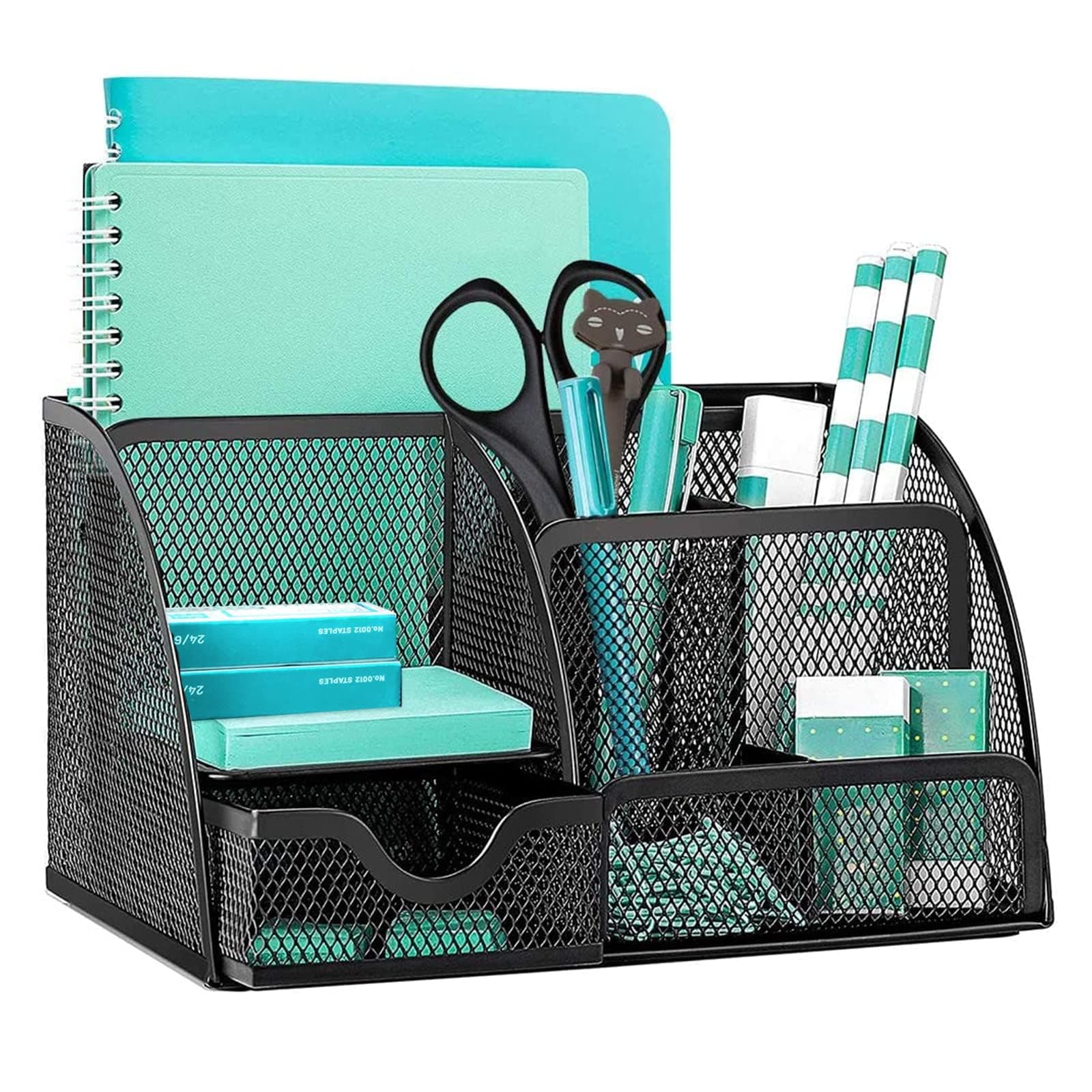 OKPOW Mesh Desk Organiser,Multi-Use Desk Tidy & Pen Holder with 6 storage and 1 Slide Drawer,Stationary Organiser for School,Home,Office desktop supplies (Black)