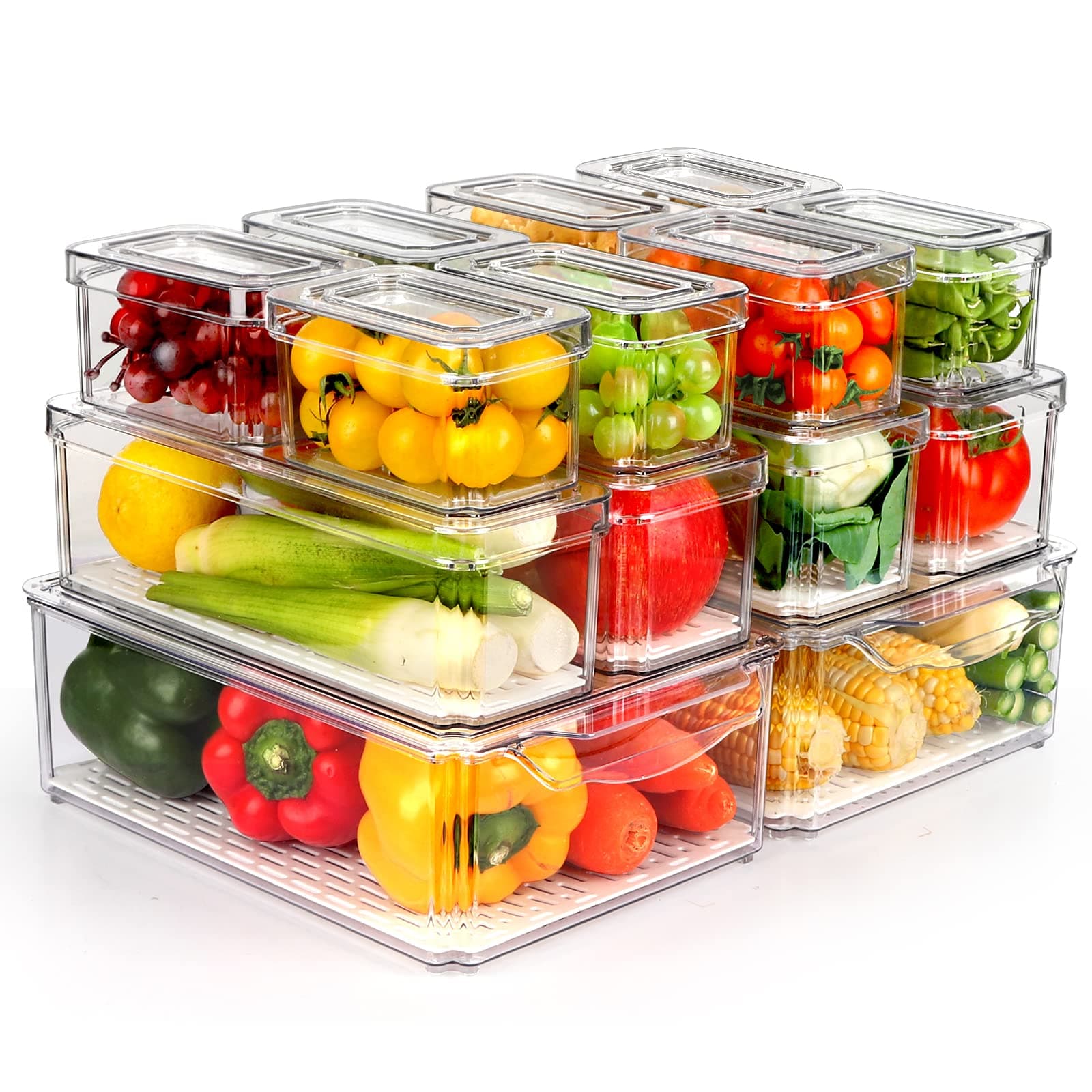 Polyethylene Terephthalate (PET) 14 Pack Fridge Organizer, Stackable Refrigerator Organizer Bins with Lids, BPA-Free & Storage Containers for Fruit, Vegetable, Food, Drinks, Cereals, Clear