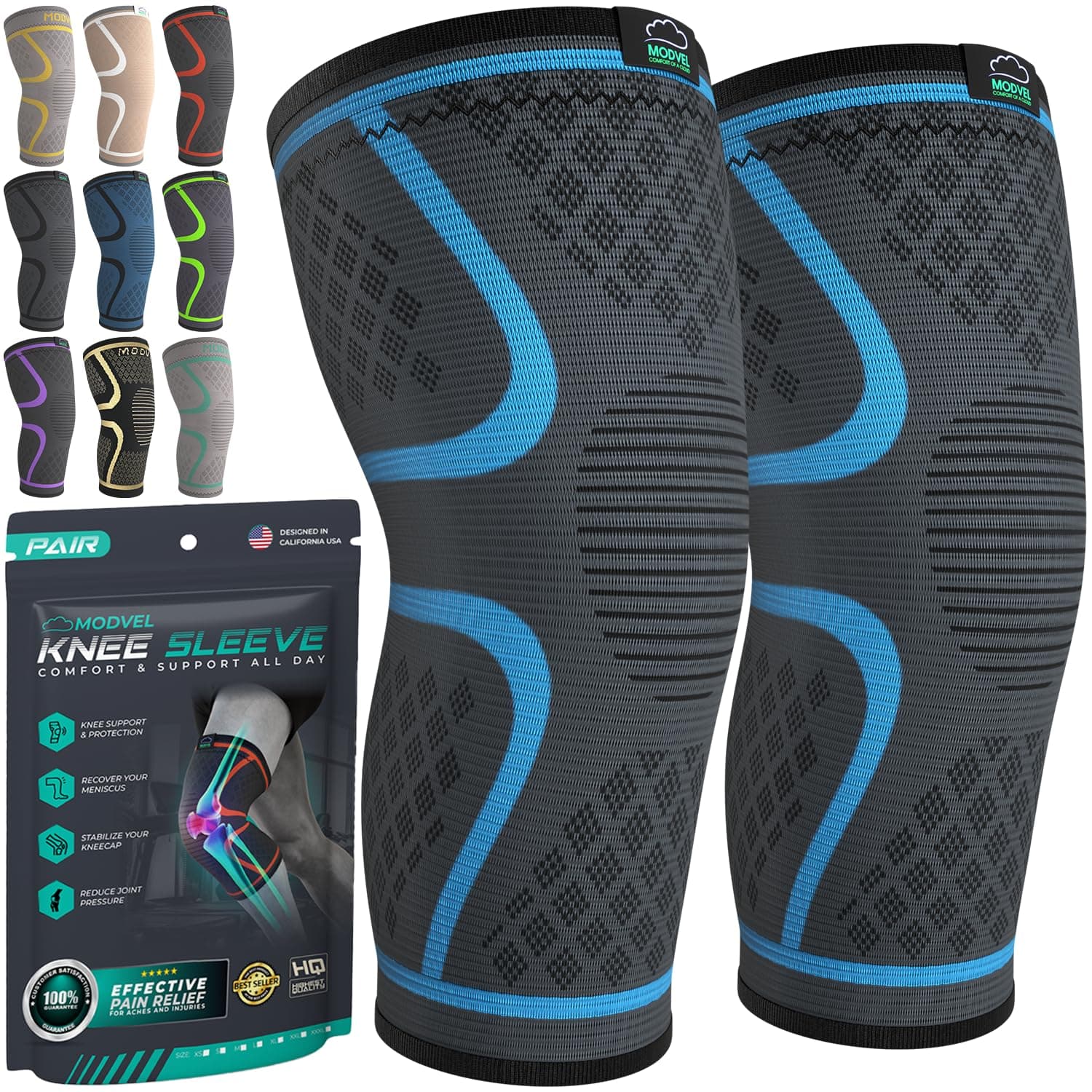 Modvel Compression Knee Brace for Women & Men - 2 Pack Knee Brace for Women Running Knee Pain, Knee Support Compression Sleeve, Workout Sports Knee Braces for Meniscus Tear ACL & Arthritis Pain Relief