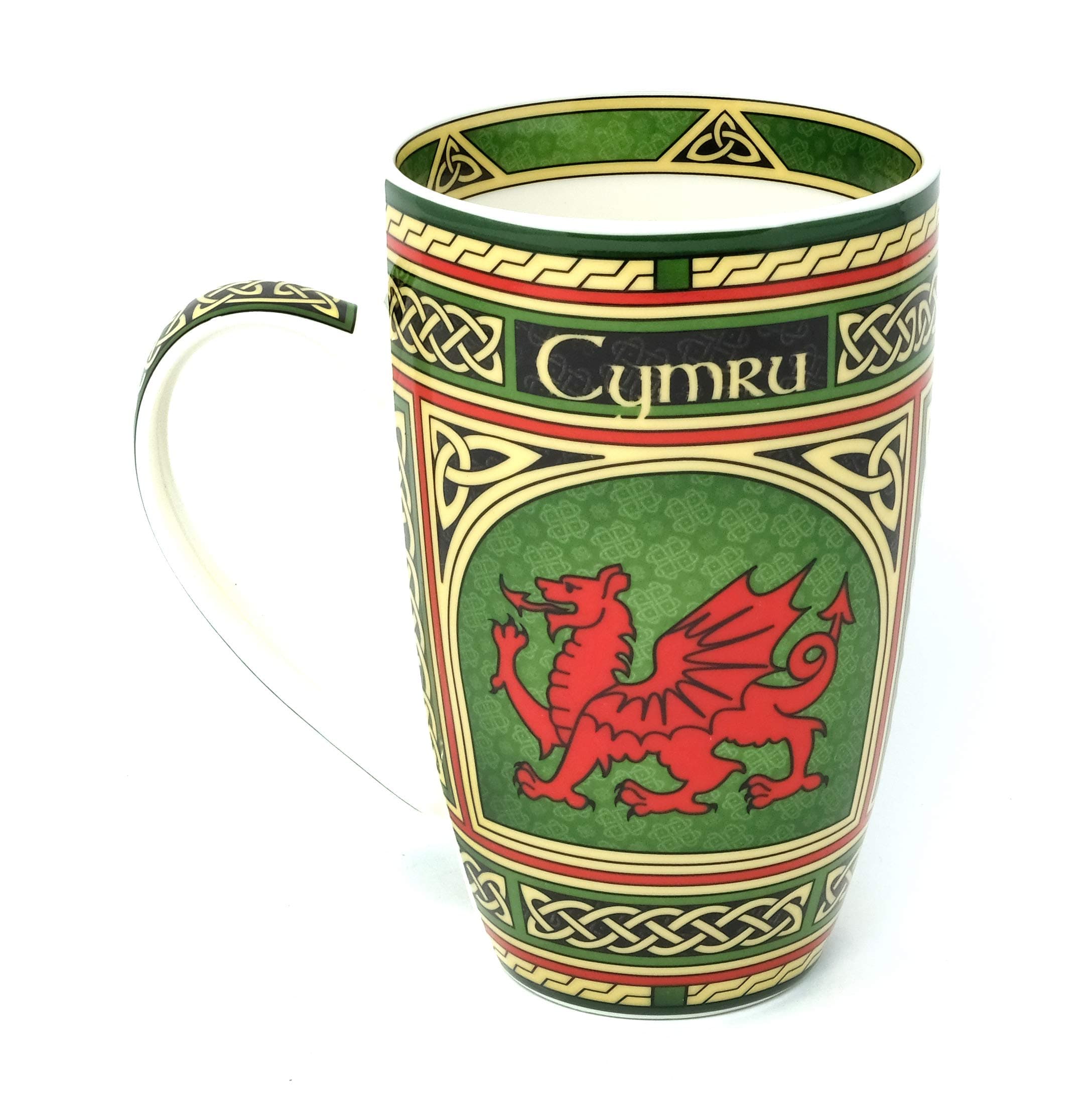 Clara Craft Wales Porcelain Cymru Coffee Mug - Welsh Red Dragon Scottish Pottery Cup with Irish Celtic Knots Design, Made of New Bone China 400ml/14fl oz