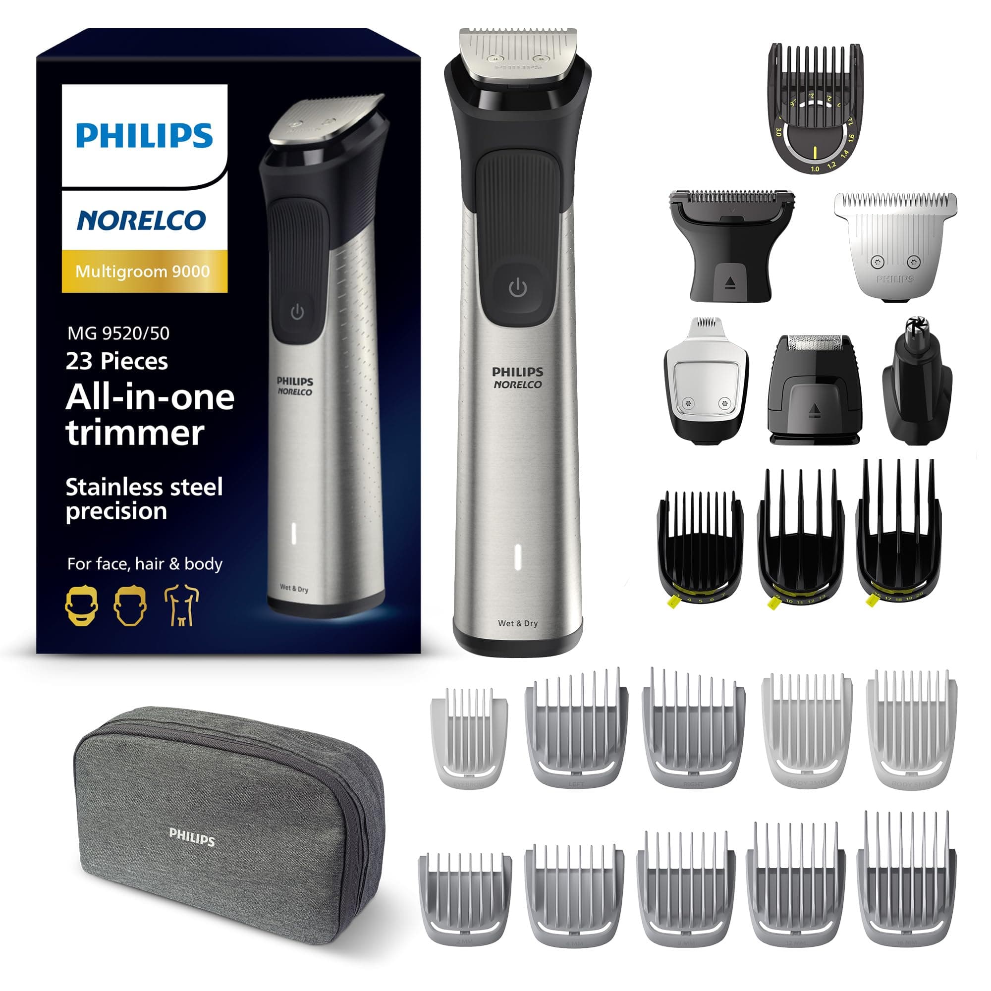 Philips Norelco Multi Groomer 23 Piece Men's Grooming Kit, Trimmer for Beard, Head, Body, and Face - Stainless Steel Precision. No Blade Oil Needed. MG9520/50, Silver, 1 Count