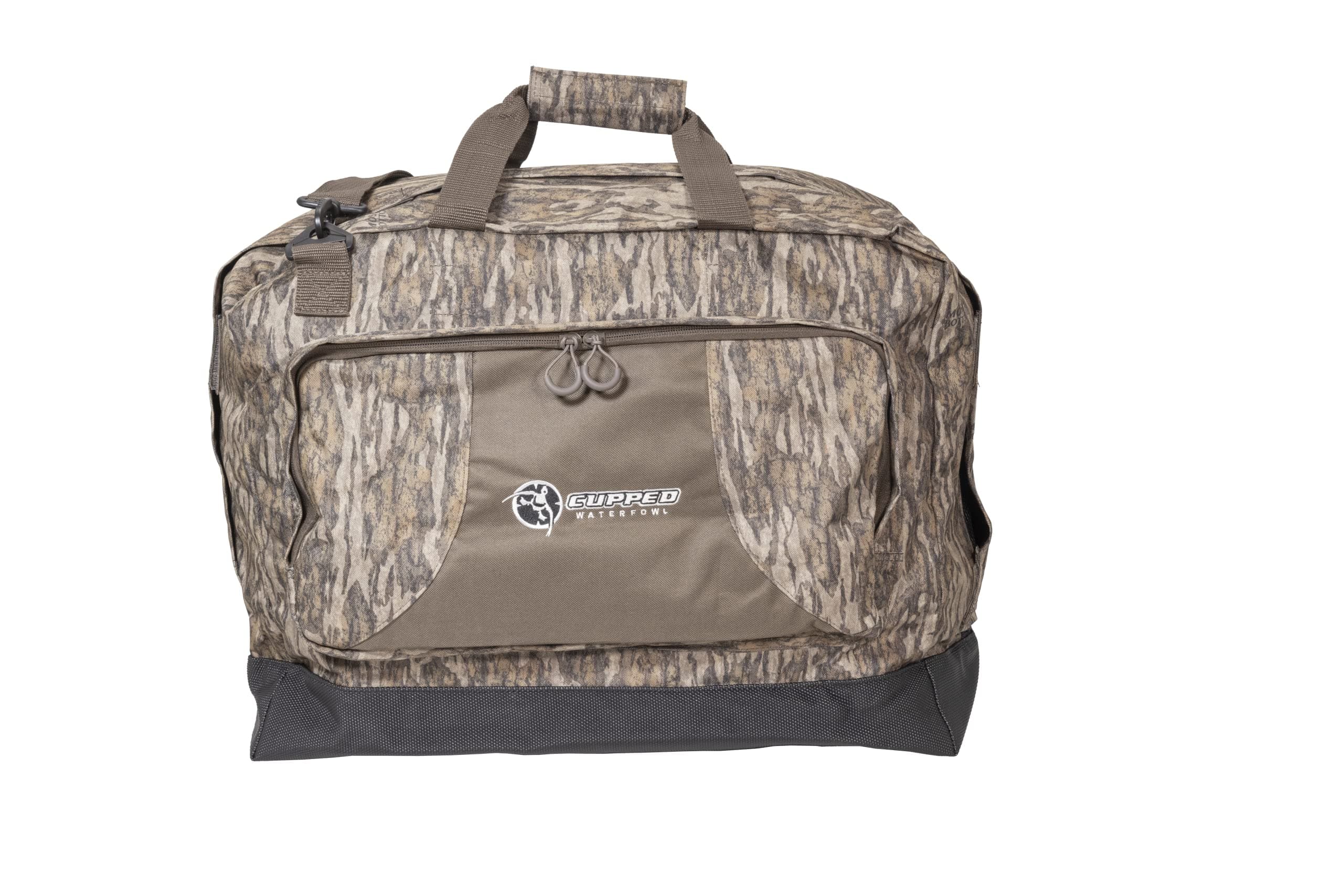 Cupped Waterfowl Camo Wader Storage Bag, Expandable Duck Hunting Wader Bag with Fold-Out Neoprene Mat and Waterproof Pockets