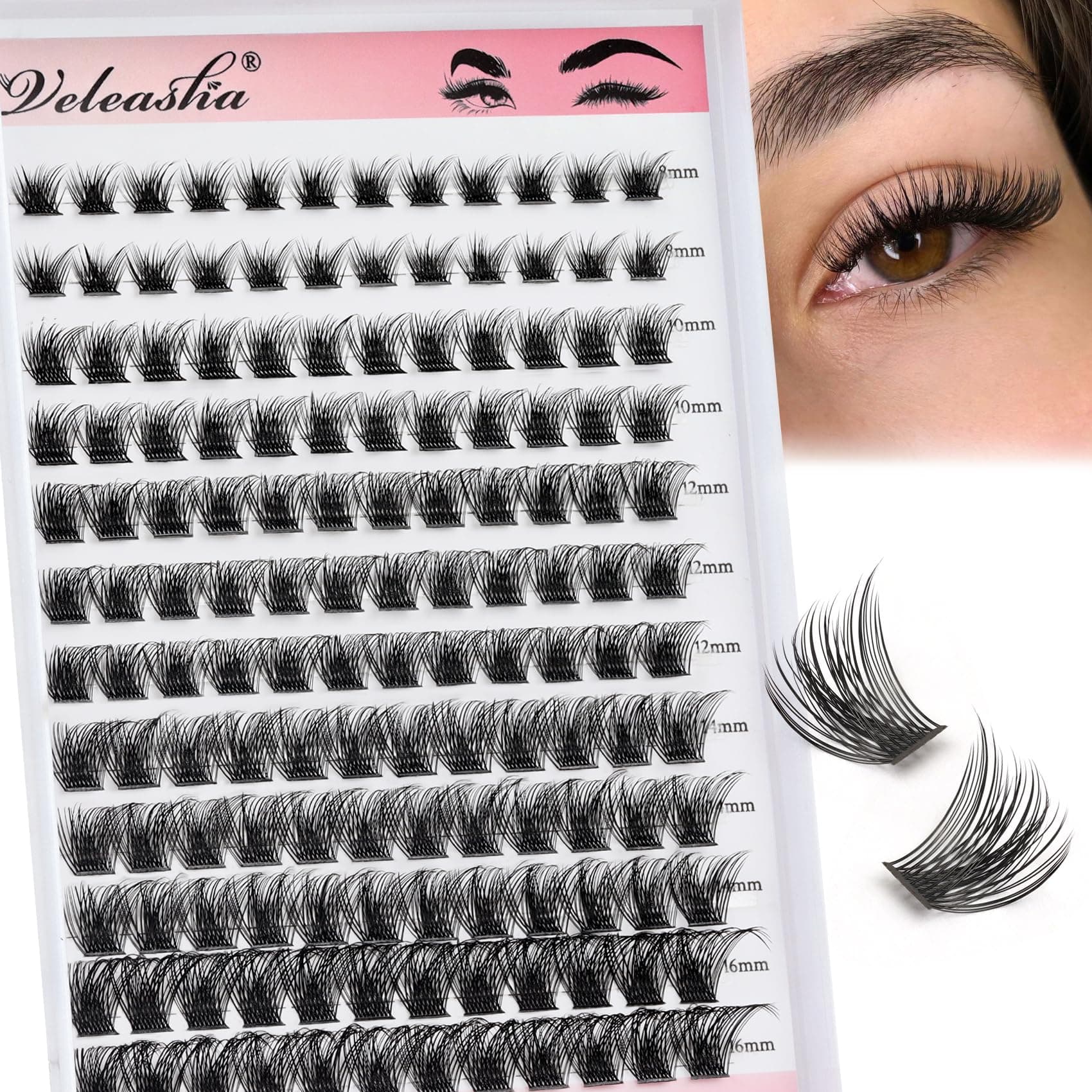 Veleasha Lash Clusters Wispy 144PCS Eyelash Clusters D Curl Cluster Lashes 8-16MIX Natural Cluster Eyelash Extensions Pestañas False Eyelashes Fluffy DIY Eyelash Extension at Home(D-MIX,8-16mm)