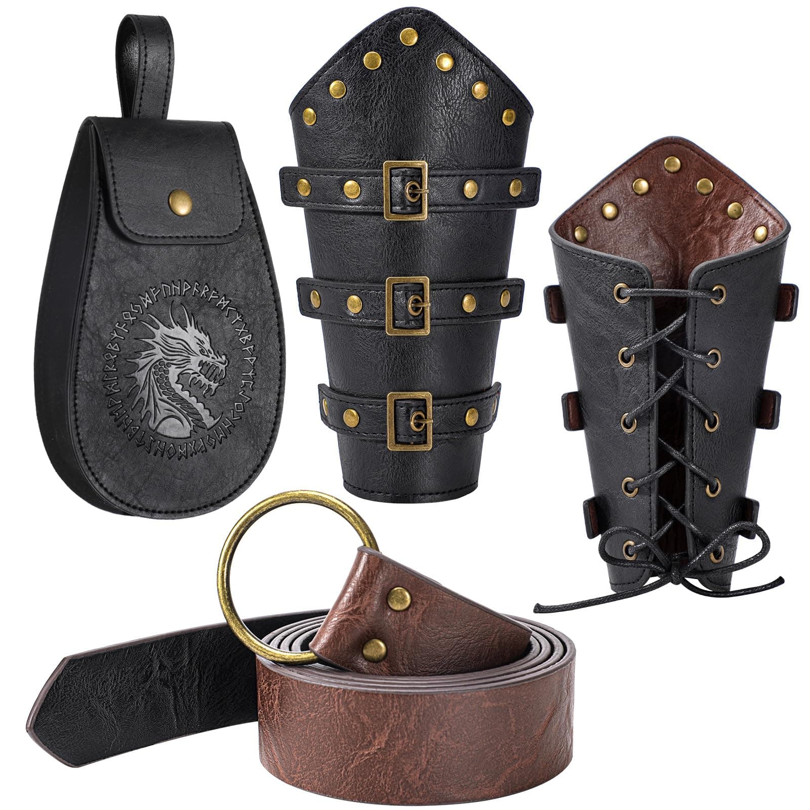 3 PCS Renaissance Accessories, Viking Belt, Medieval Vintage Belt Pouch & Leather Bracers for Halloween LARP Cosplay