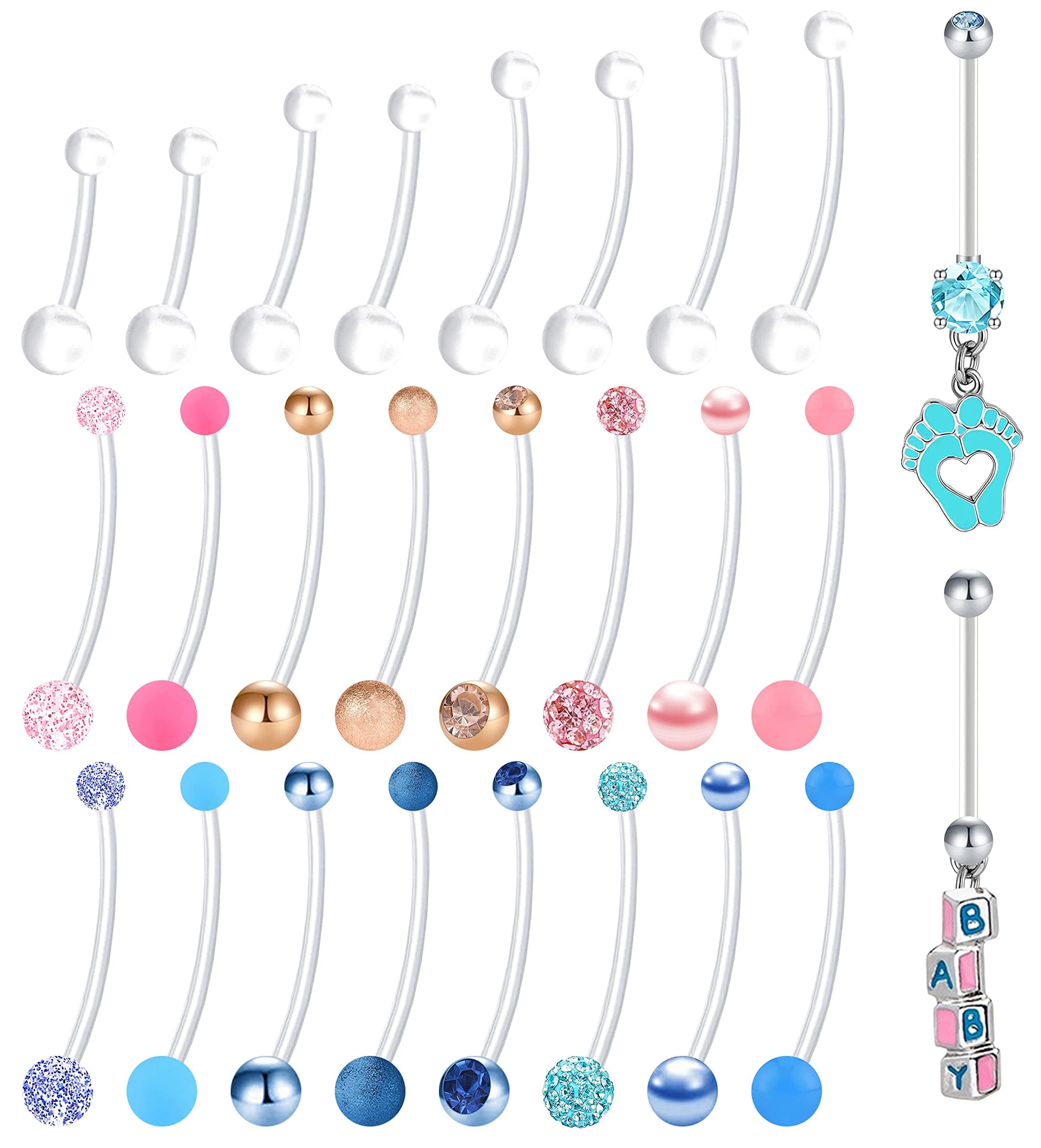 EVELICAL26Pcs Pregnancy Belly Button Rings Long Bar Maternity Flexible Bioplast CZ Clear Navel Rings Sport Belly Piercing Retainer Body Jewelry