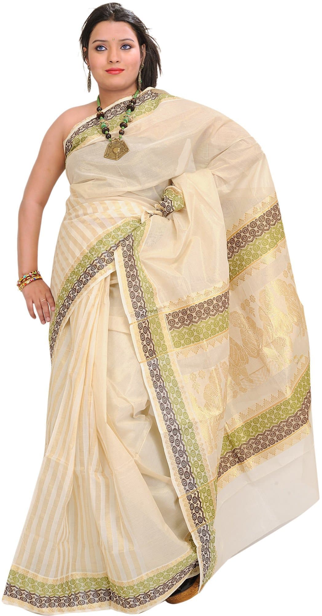 Exotic India Ivory Kasavu Sari from Kerala with Woven Little Krishna - Off-White