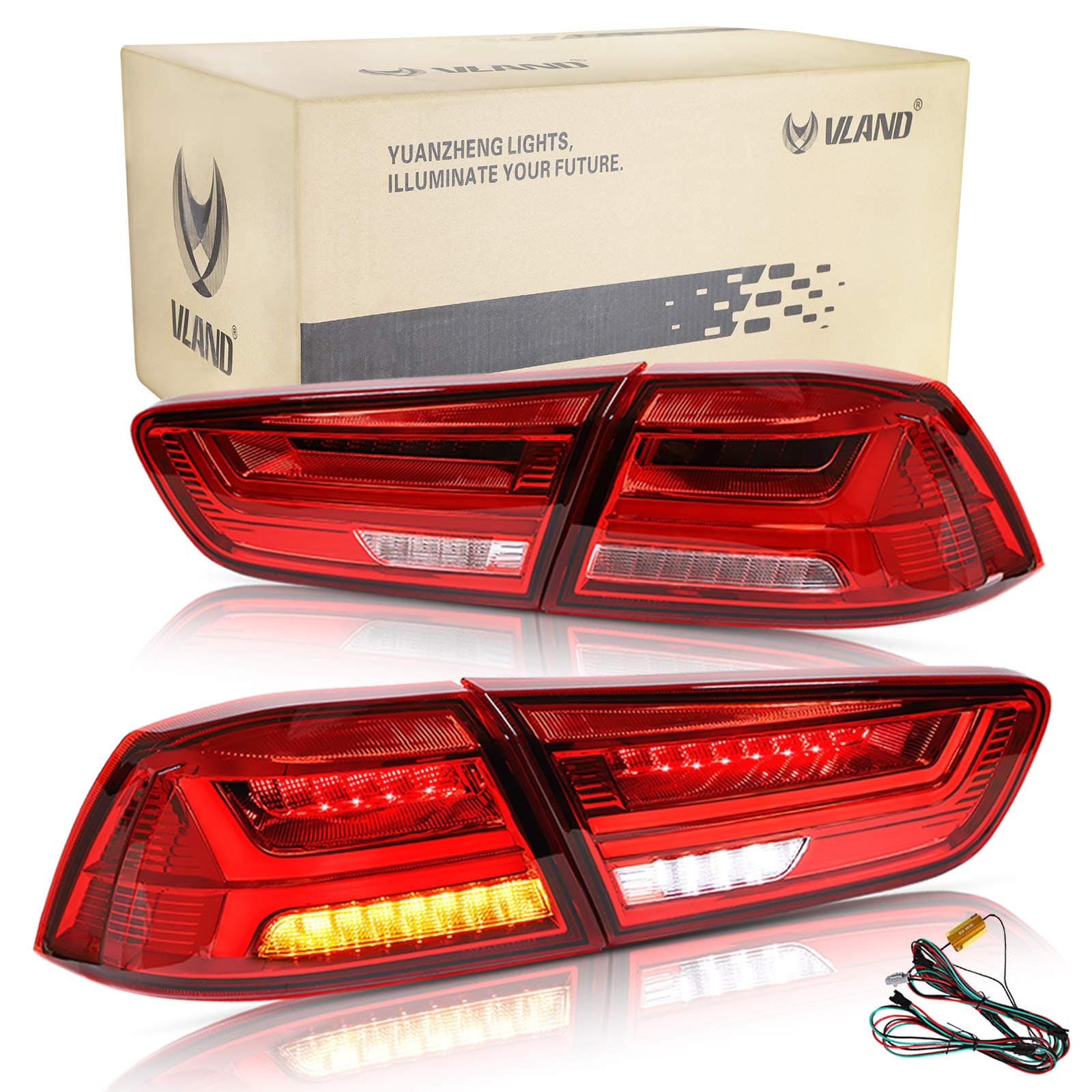 VLAND LED DRL Headlights Rear Light for Lancer EVO X 2008-2018 Tail Lights Front Lamp Assembly with Sequential RHD(Driver is on the right) (Red Rear Lights)