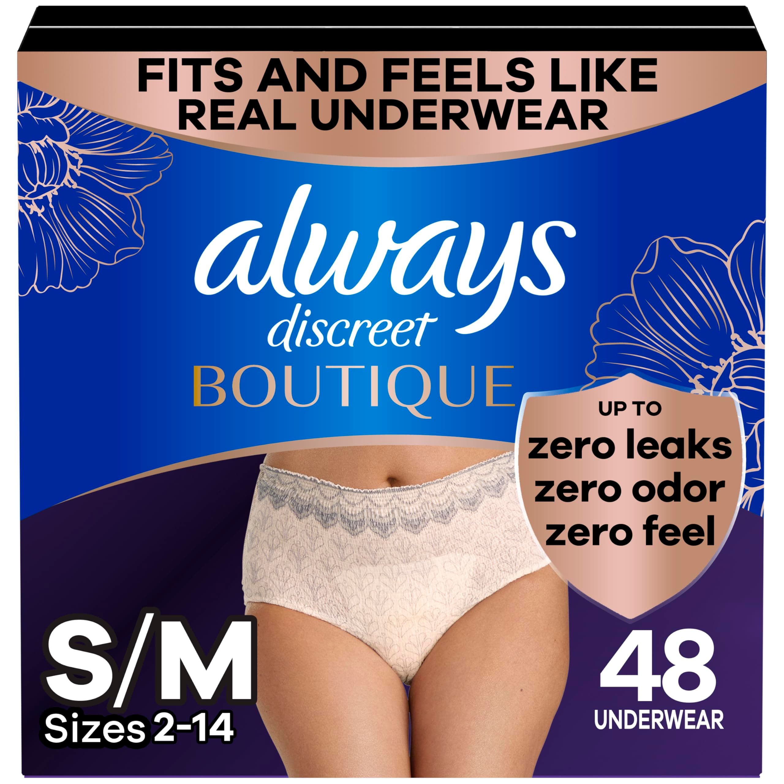 Boutique Incontinence and Postpartum Underwear for Women, Maximum Protection, S/M, Rosy, 48 Count