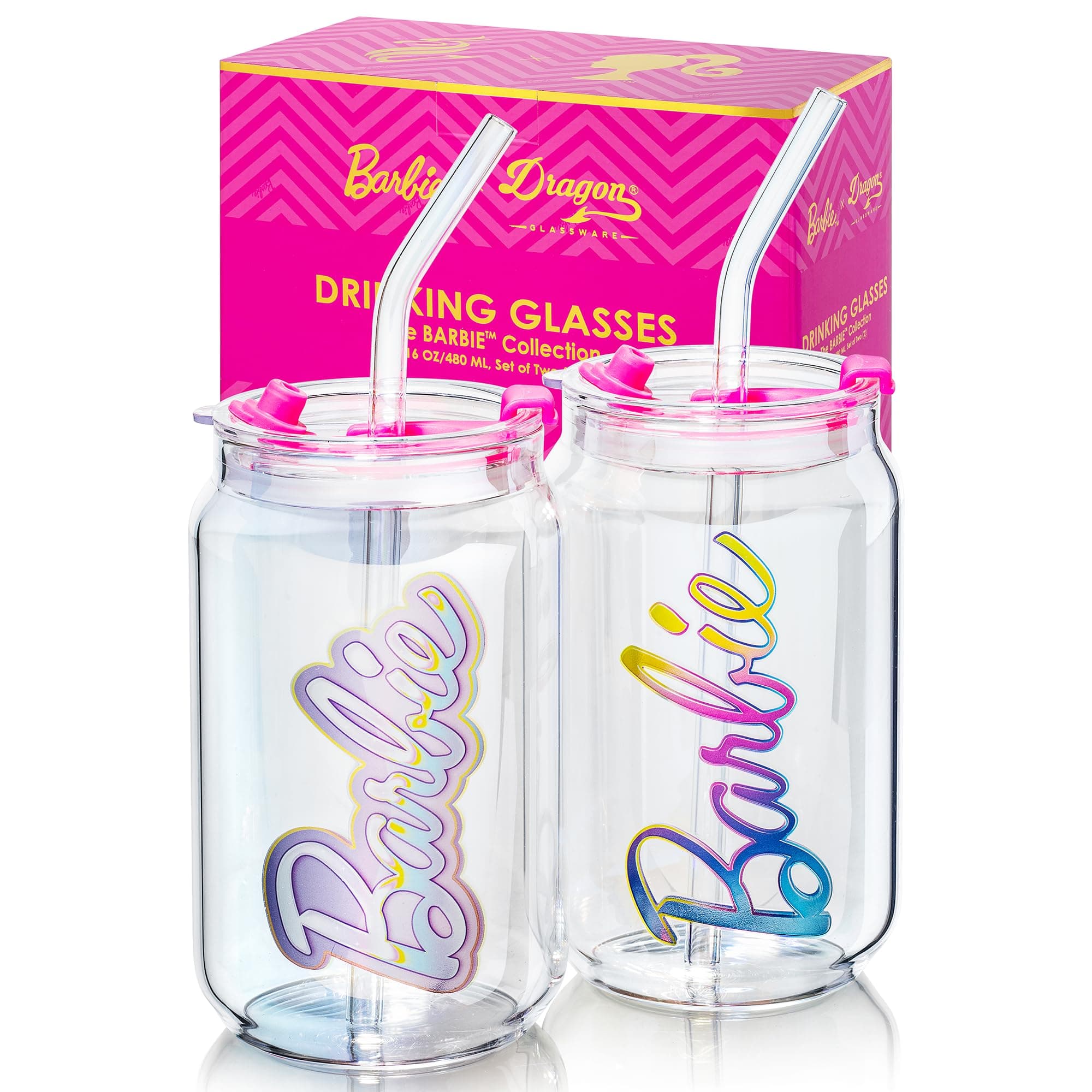 x Barbie - 16 oz Glass Cups with Lids and Straws, Set of 2 - Iced Coffee Cups with Lids - Versatile Glass Tumbler with Straw and Lid for Hot or Cold Drinks - Aura Barbie