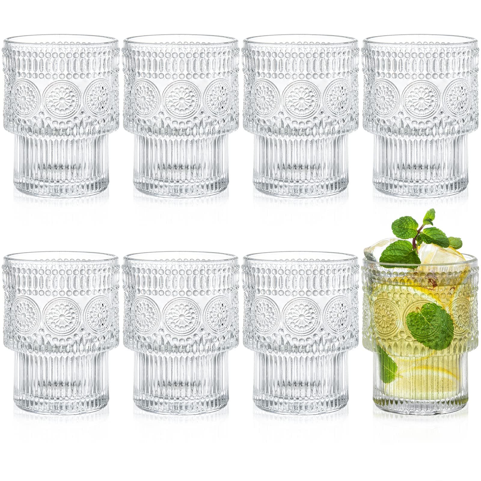 Kingrol Drinking Glasses Set of 8, 6.5 Ounces Stackbale Water Glasses, Vintage Glassware for Cocktail, Whiskey, Juice, Iced Coffee, Iced Tea, Bar Accessories
