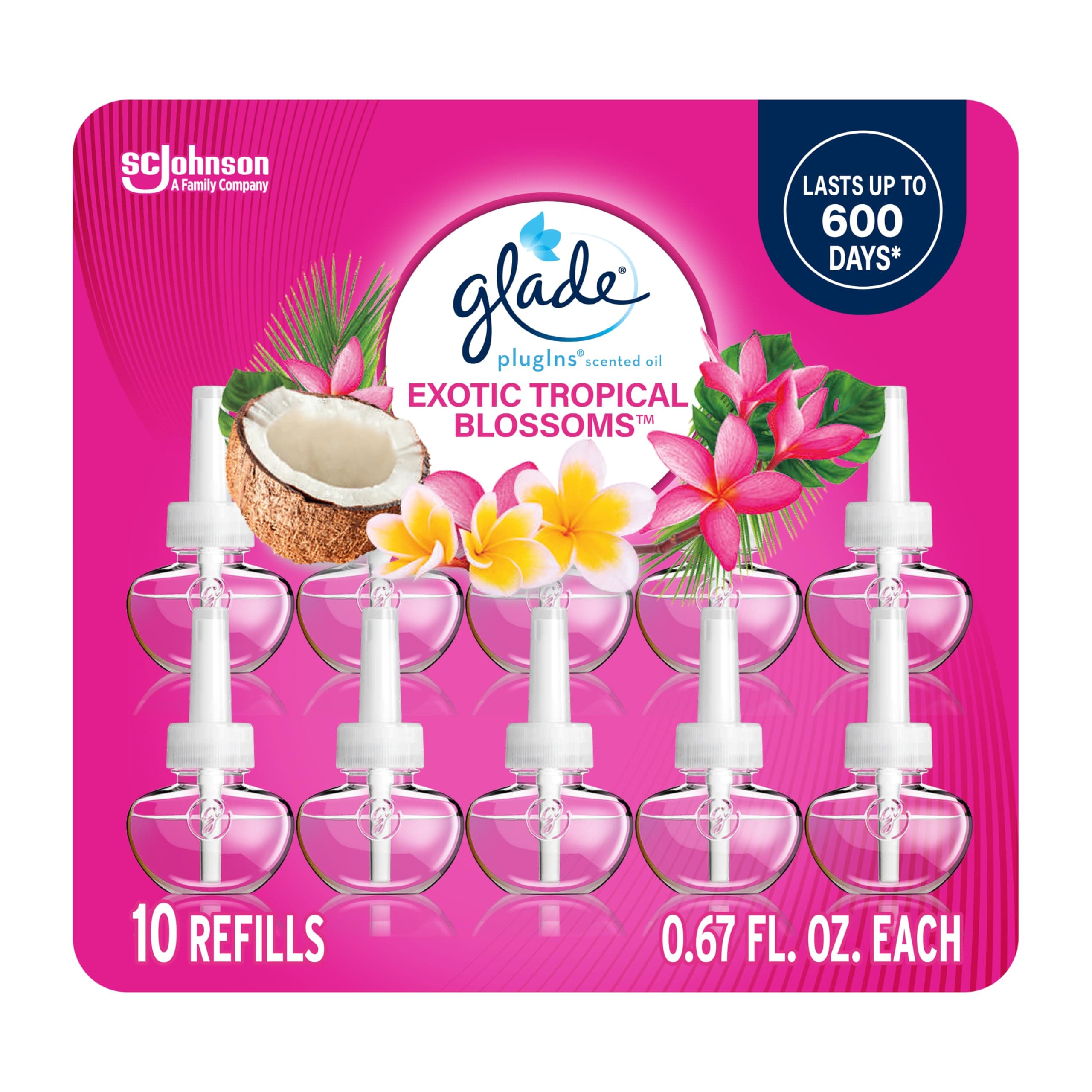 Glade PlugIns Refills Air Freshener, Scented and Essential Oils for Home and Bathroom, Exotic Tropical Blossoms, 6.7 Fl Oz, 10 Count (Packaging May Vary)
