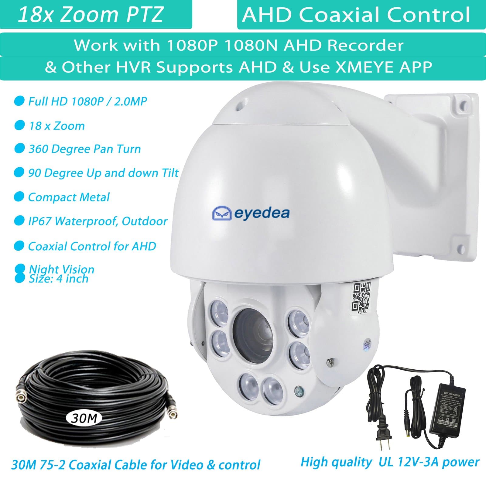 Eyedea 1080P 18 x AHD Outdoor Smart PTZ Speed Dome Pan Tilt Zoom 2.0MP Camera IR Infrared Night Vision Remote RS485 Coaxial Control 5500TVL w/ 30 M Meters 75-2 Coaxial Cable Wire for AHD Recorder