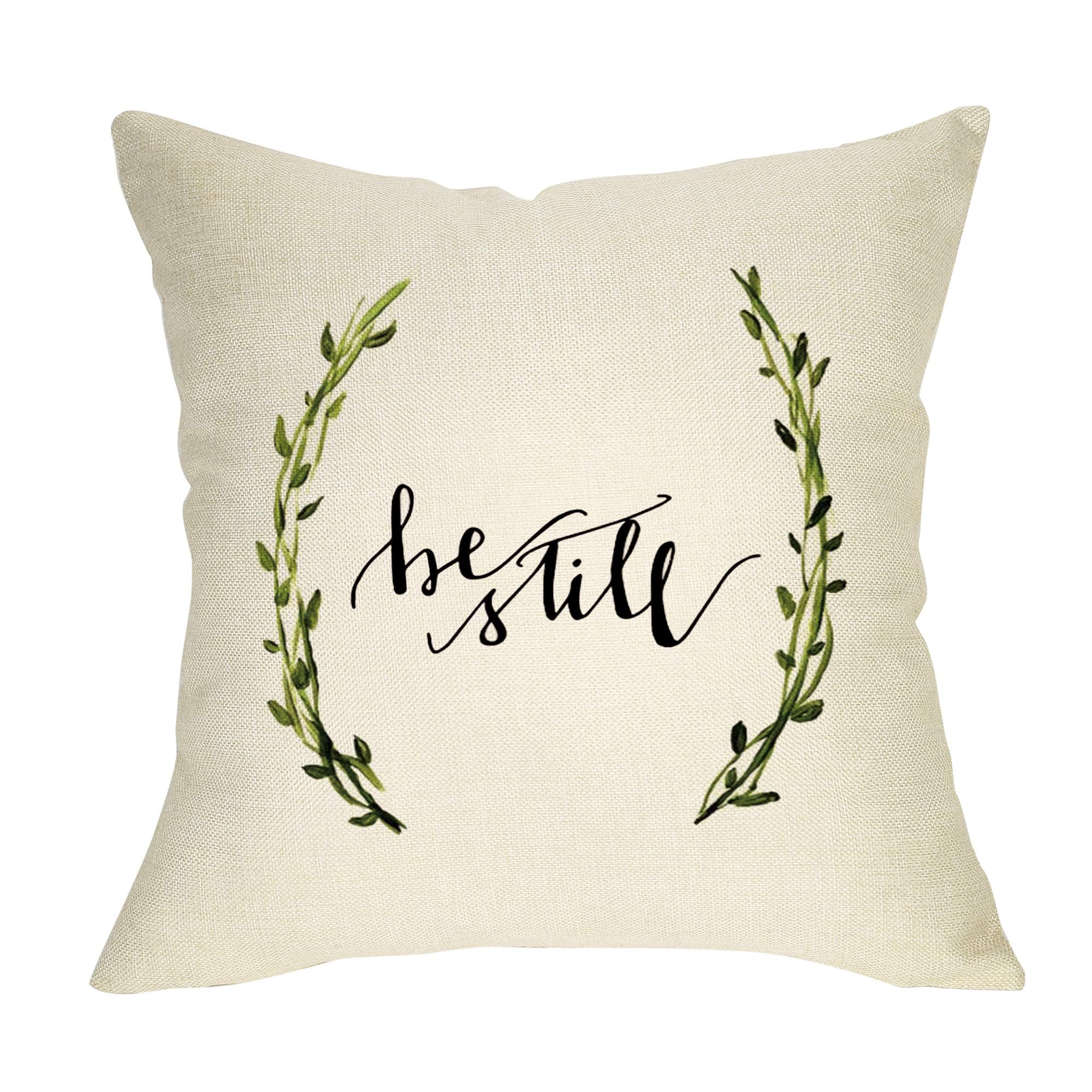 FBCOO Rustic Farmhouse Decorative Throw Pillow Case Be Still with Green Olive Branch Cushion Cover Modern Calligraphy Home Decor 18 x 18 Inch Cotton Linen for Sofa Couch