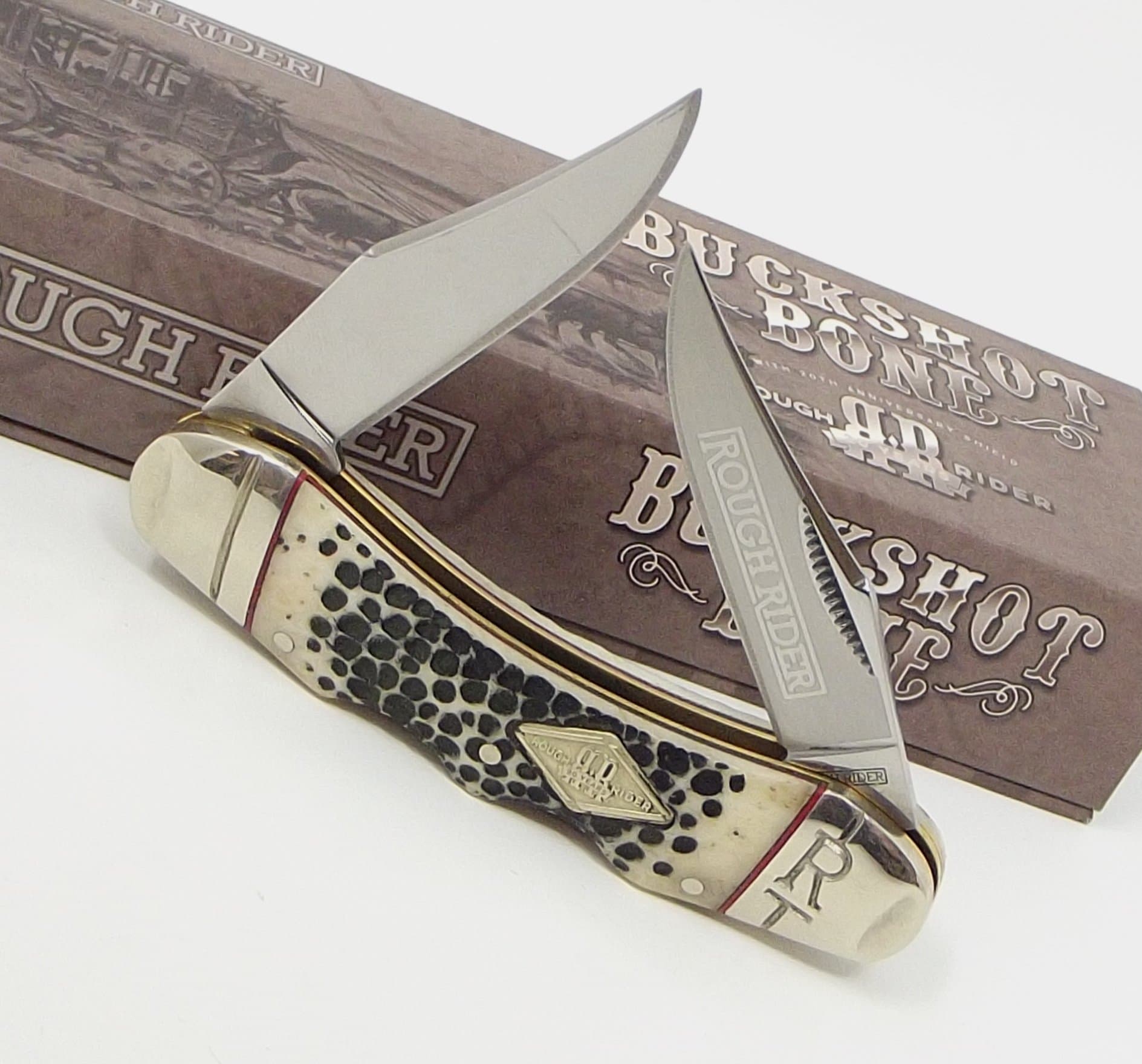 Double Lockback Two Dual Clip Blades Pocket Knife Shotgun Buckshot Bone Handles Rough Rider Knives