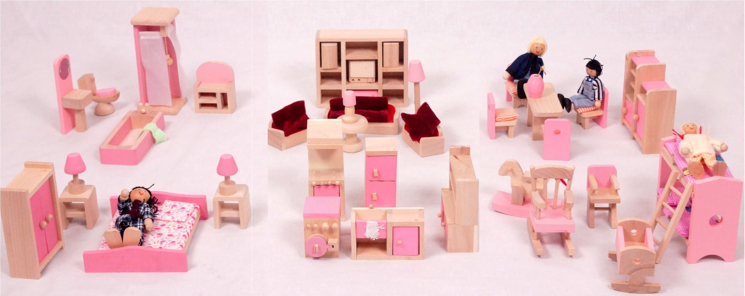 Mamakiddies Wooden Doll House 40 Plus Furniture and Dolls (Pink)