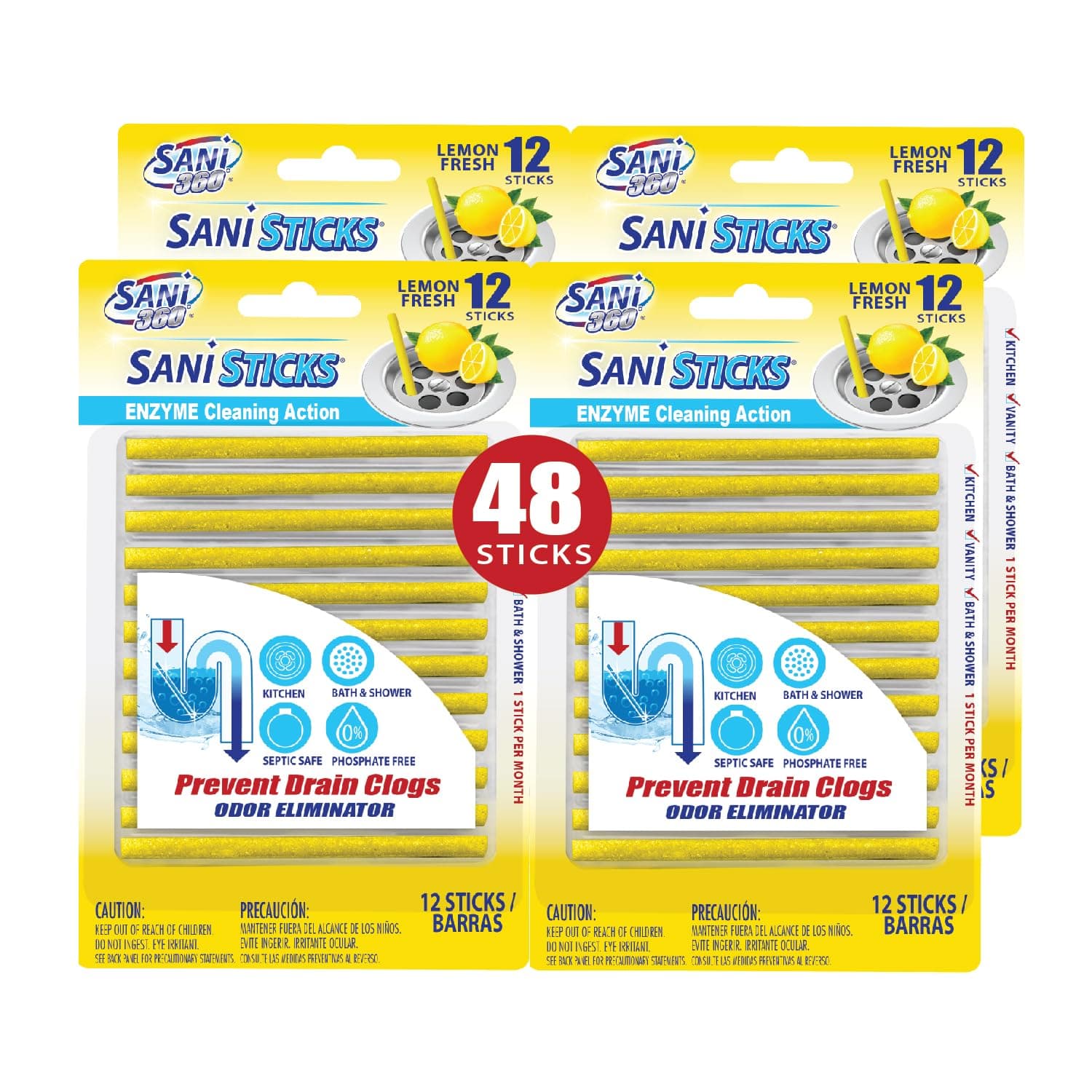 SANI 360° Sani Sticks Drain Cleaner and Deodorizer, 48 Count, Lemon Scent Enzyme Pipe Cleaners, Eliminate Odors, Prevent Clogged Drains, Safe for Sinks, Bathtub Drains, Septic Tanks