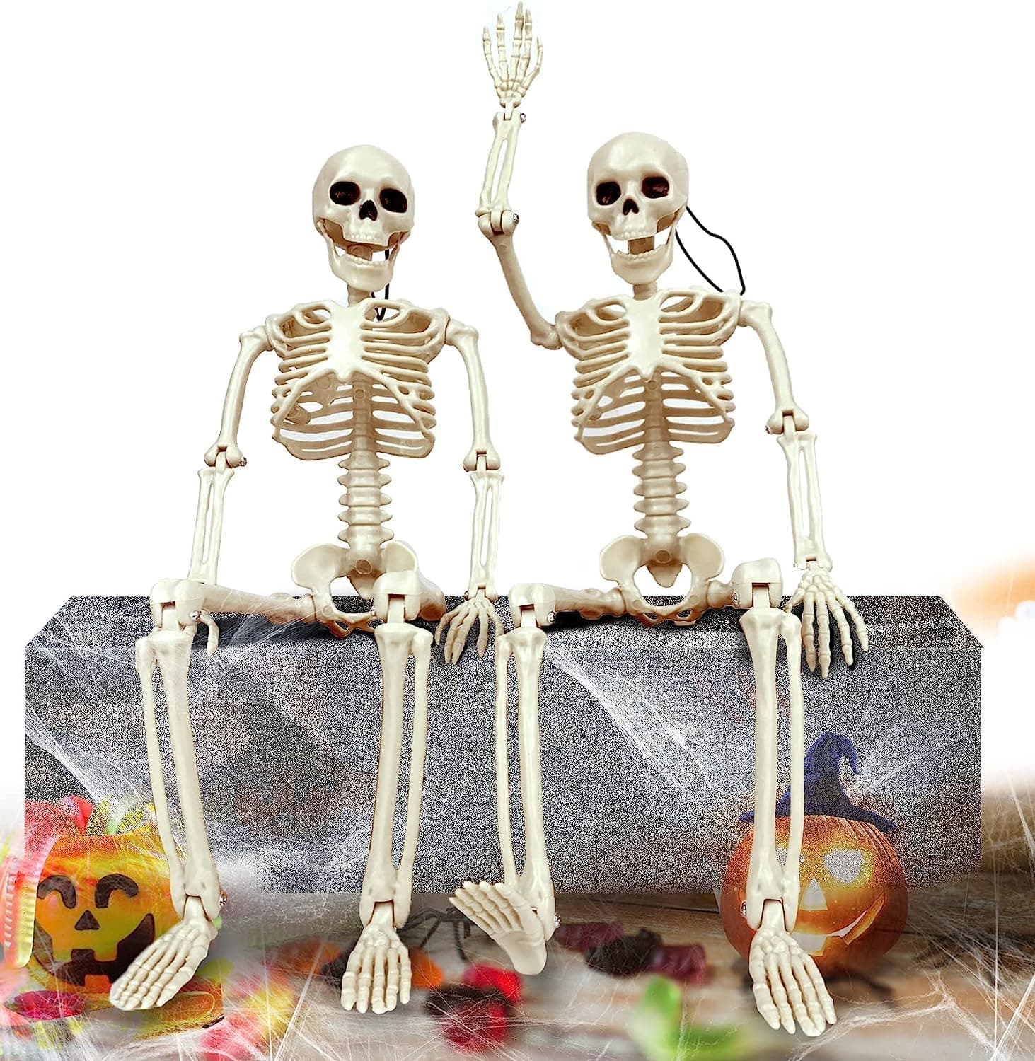 Tiokkss 2 Packs 16" Posable Halloween Skeleton, Full Body Tiny Skeletons for Halloween Decorations, Graveyard Decor, House