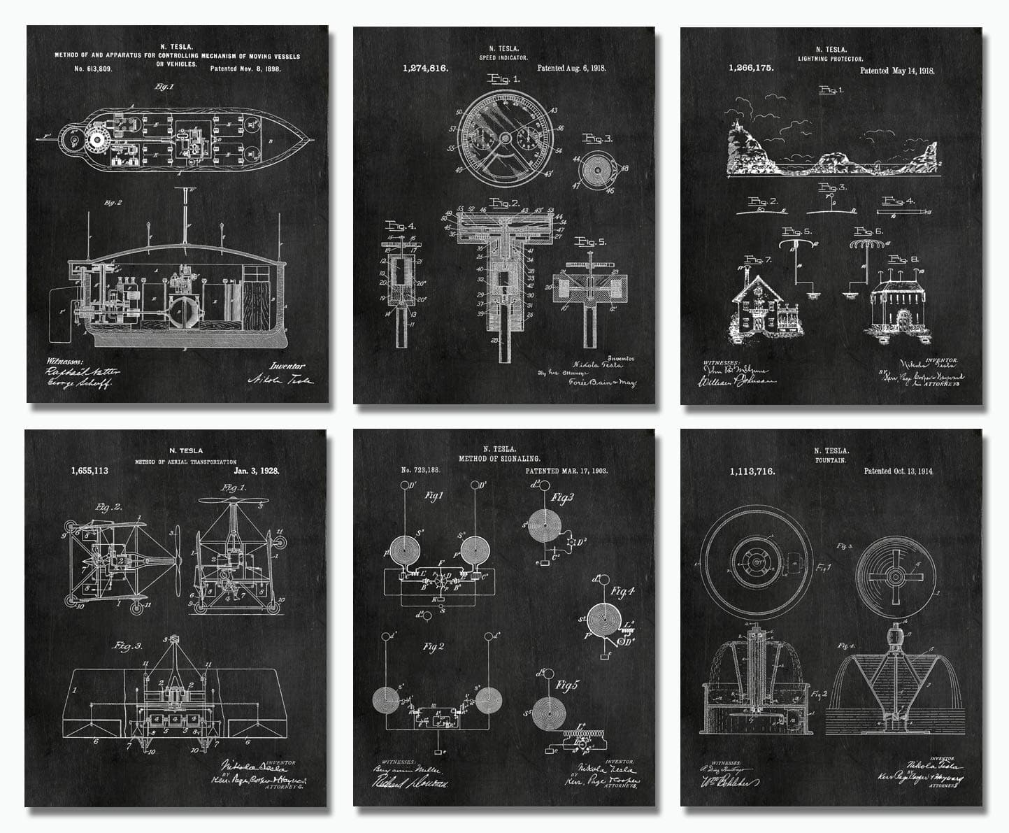 ArtCantHurtU Nikola Tesla Inventions Patent Prints Set of 6 (8x10) Industrial Wall Art Decor Chalkboard Mechanical Engineer Gifts For Men Inventor Electronics Engineering College Students