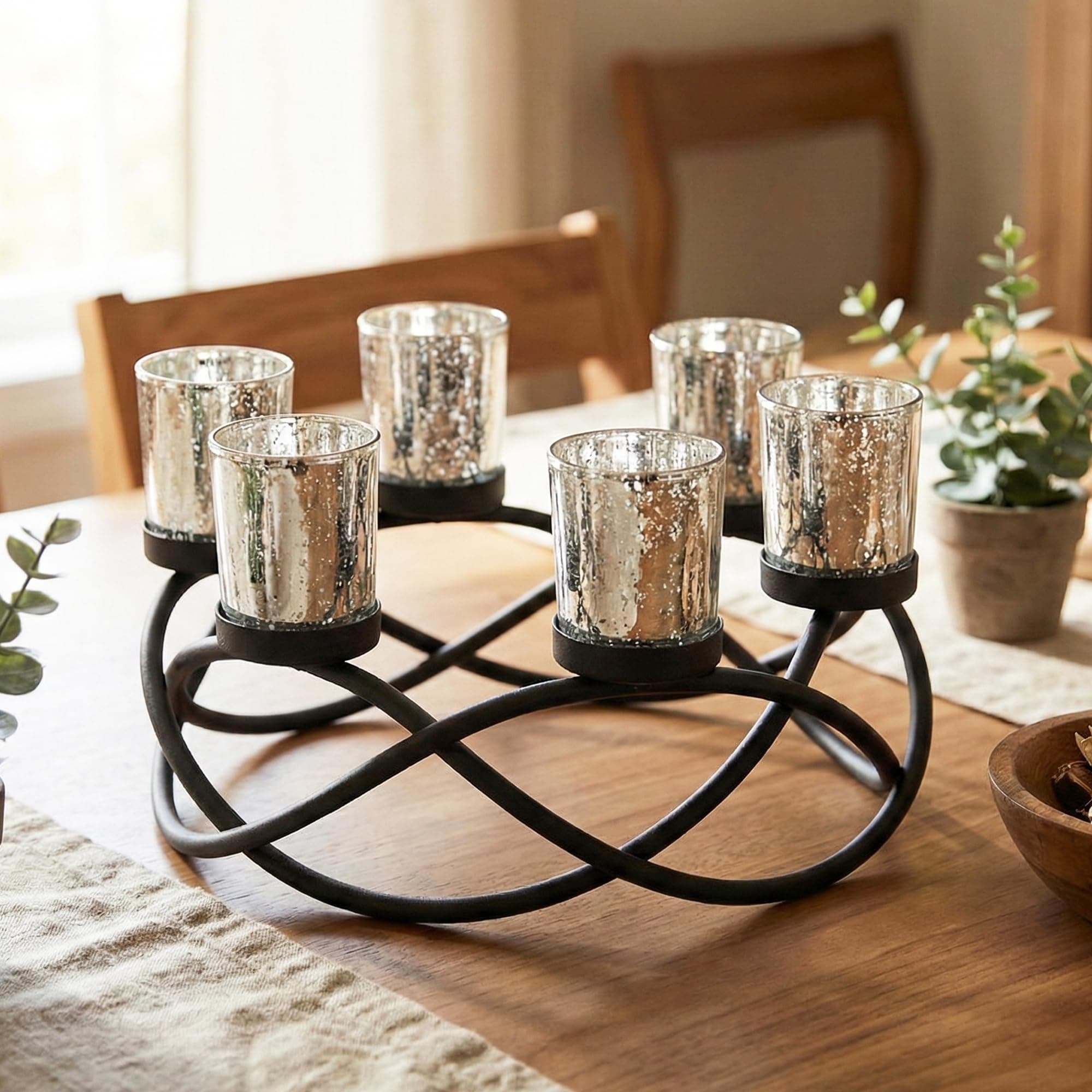 Seraphic Iron Round Table Decor Christmas Centerpiece Decorations Candle Holder for Weddings, Outdoor Patio, Dining Room, and Coffee Tables, Glass Votive Tealight Holders, Black, 6 Silver Cups