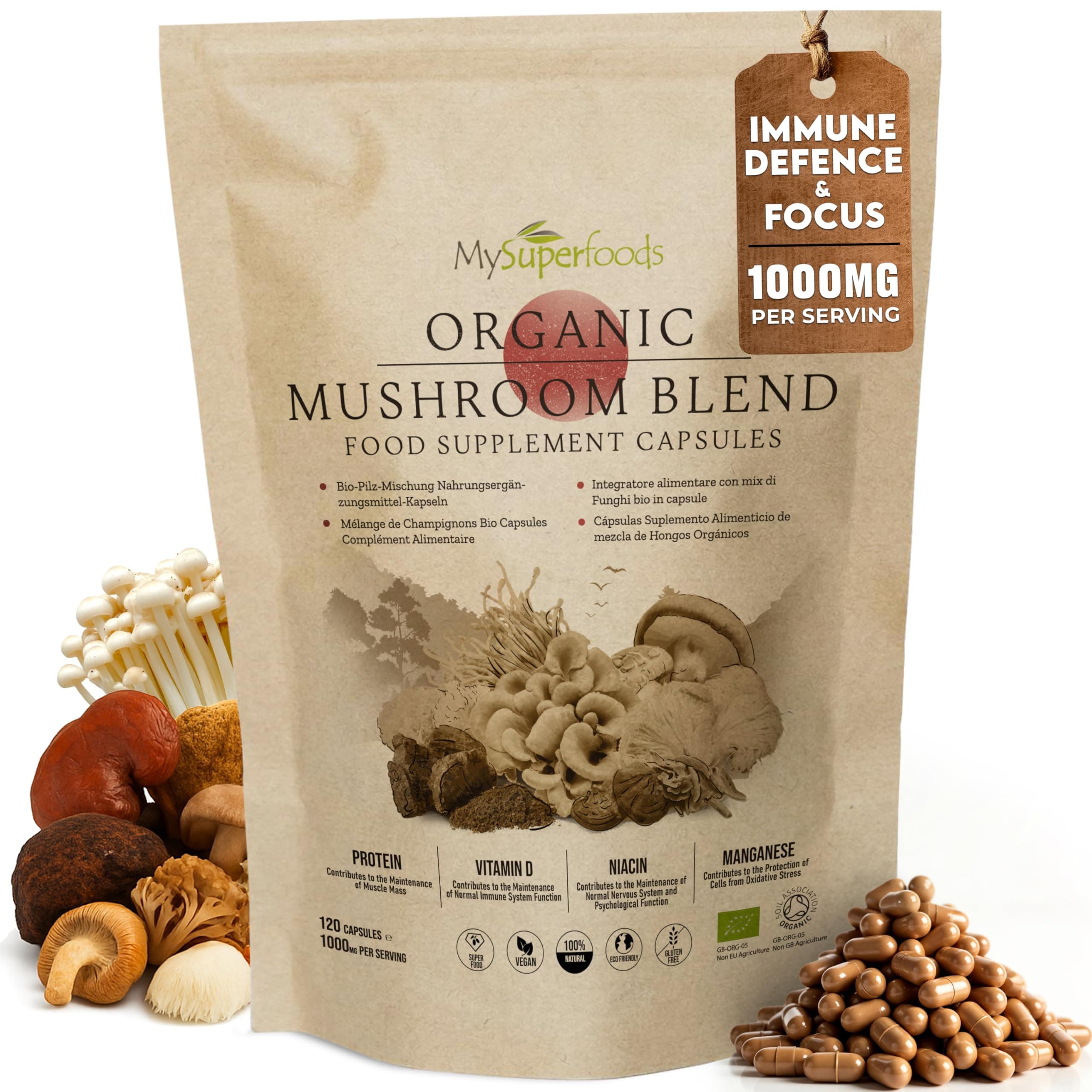 Mushroom Complex Capsules | Organic | 1000mg per Serving | 120 Capsules | Blend of 7 Powerful Medicinal Mushrooms to Boost Your Immune System | MySuperfoods