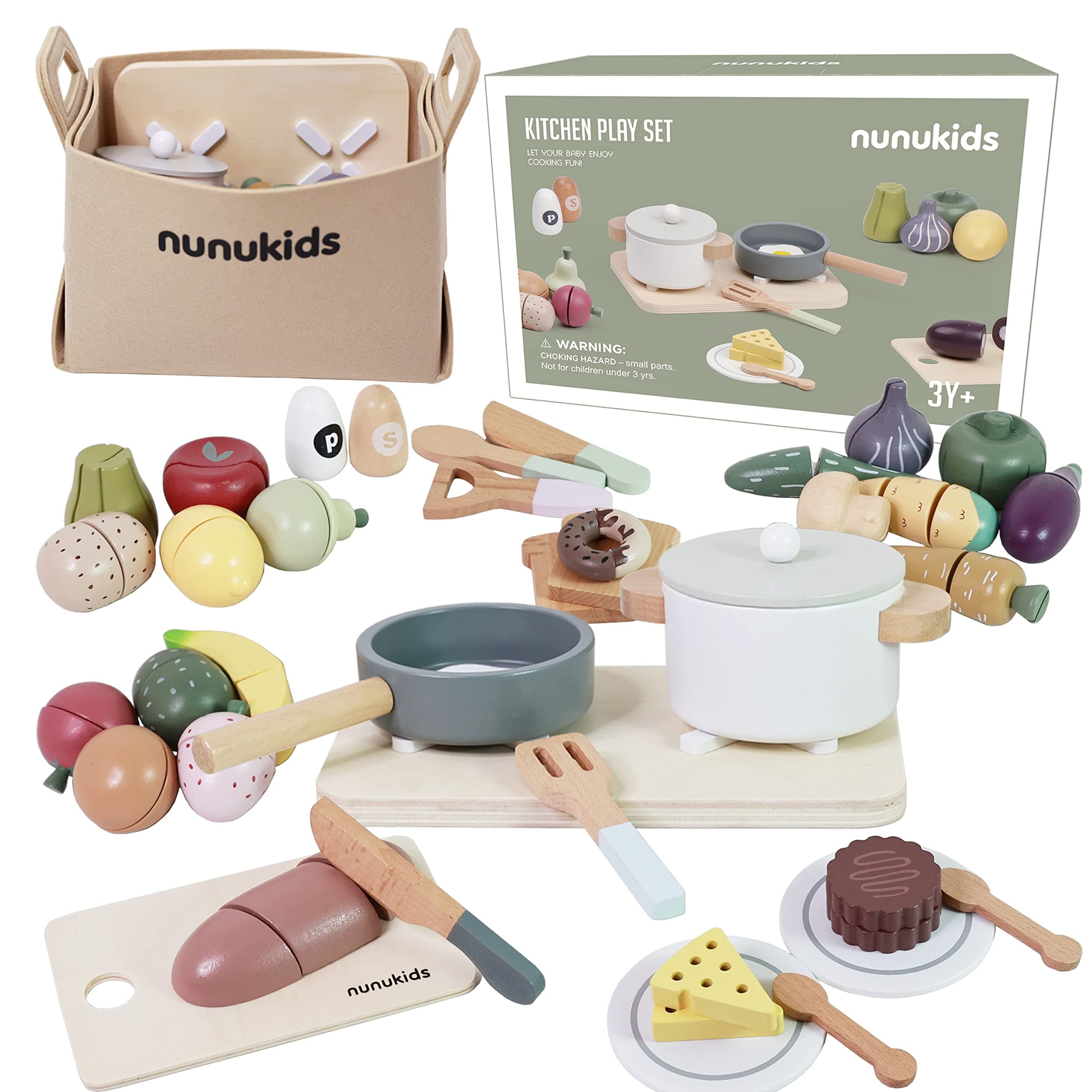 Wooden Play Food Sets for Kids Kitchen 42 pc Wooden Toys with Storage Basket Wood Pretend Food Play Kitchen Accessories Set