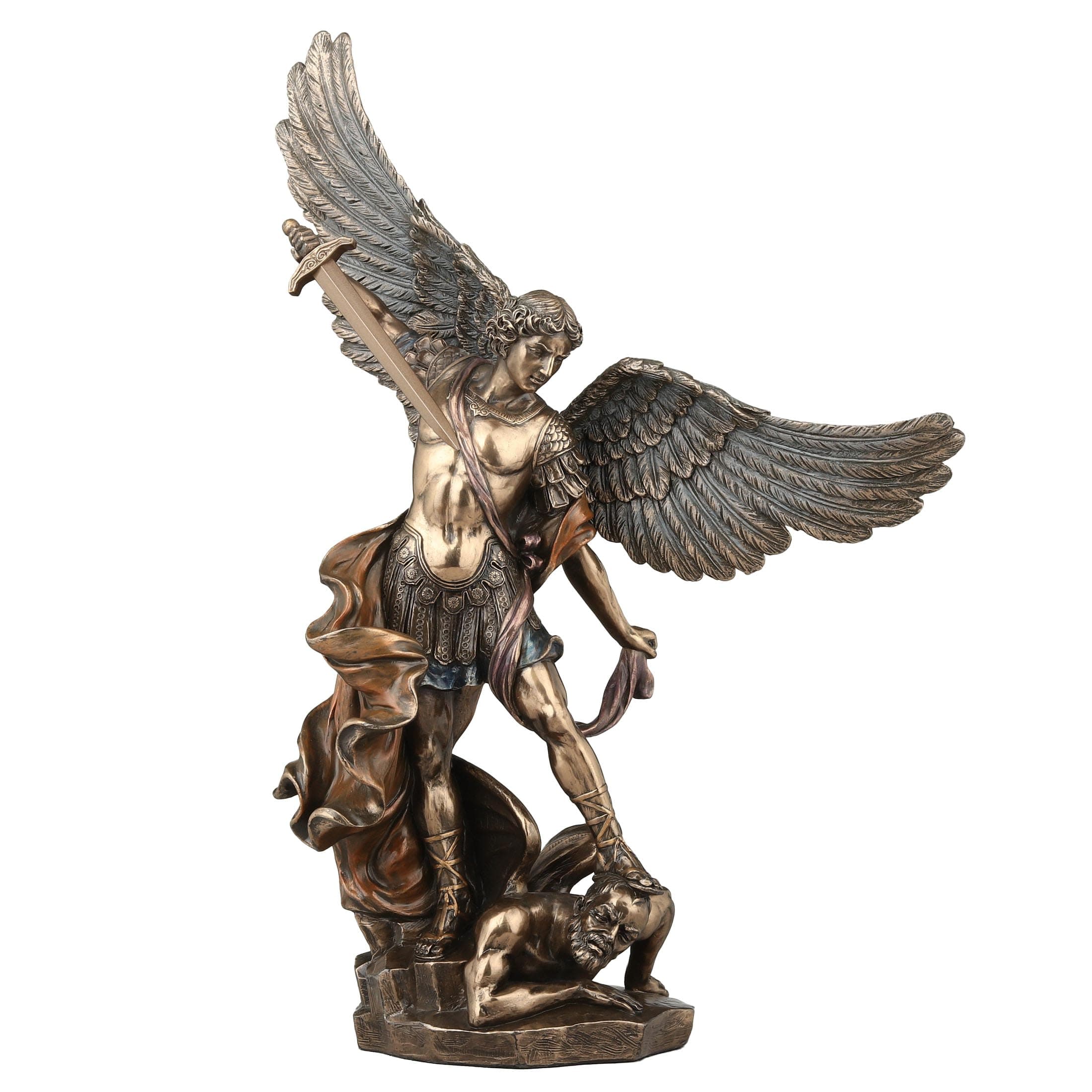 Veronese Design 14 1/8 Inch Archangel Saint Michael Tramples Demon Religious Sculpture Defeating Lucifer Resin Statue Bronze Finish