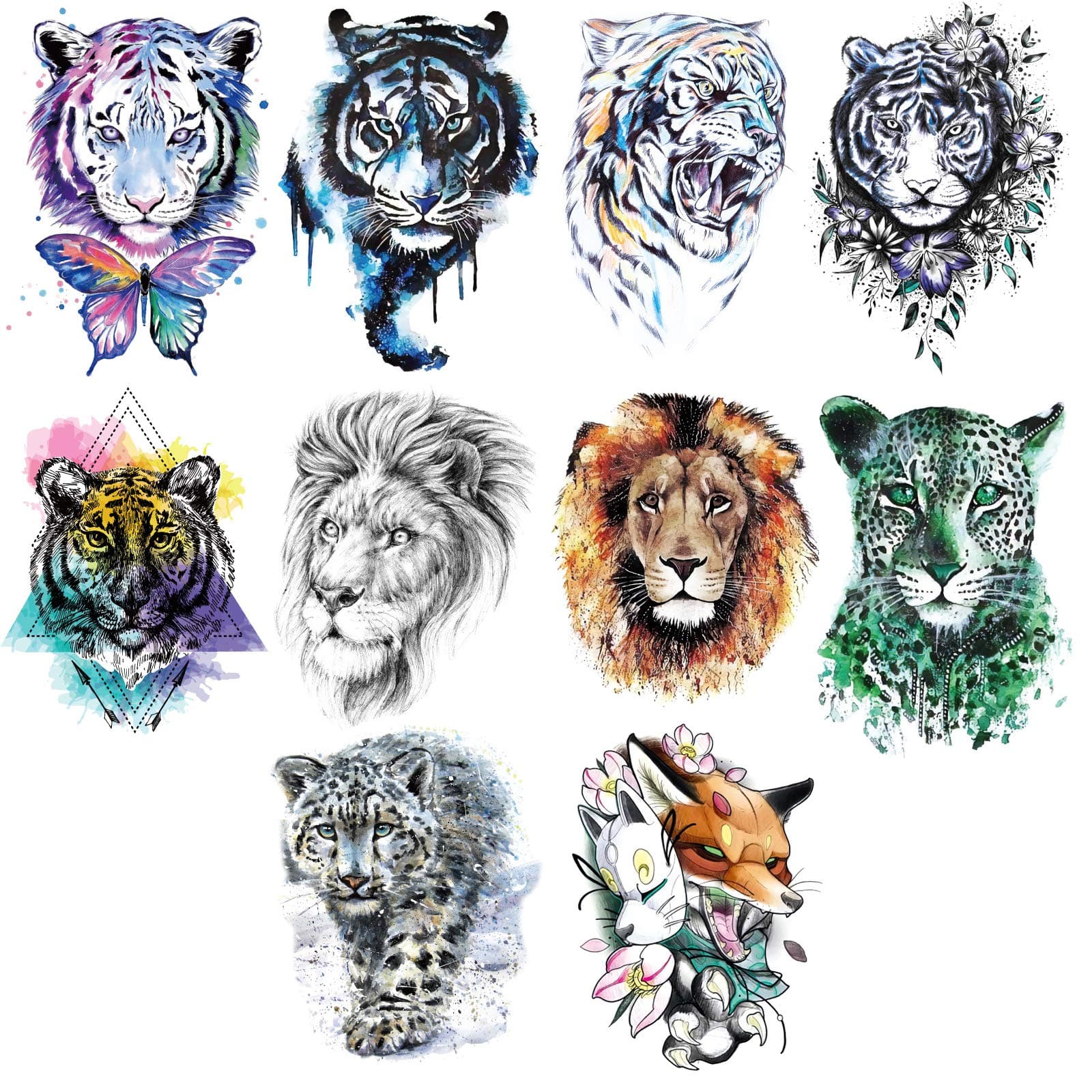 Ooopsiun 10 Sheets Large Tiger Temporary Tattoos For Men Kids, Cool Waterproof Body Fake Lion Tattoo Sticker for Men Women 3D Animals Large Arm Tattoos