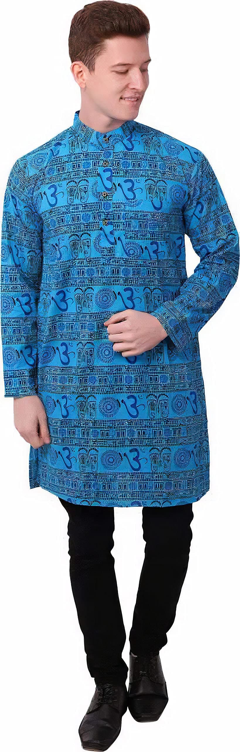RKC Men's Om Printed Cotton Festive and Casual Long Kurta_Blue_XL