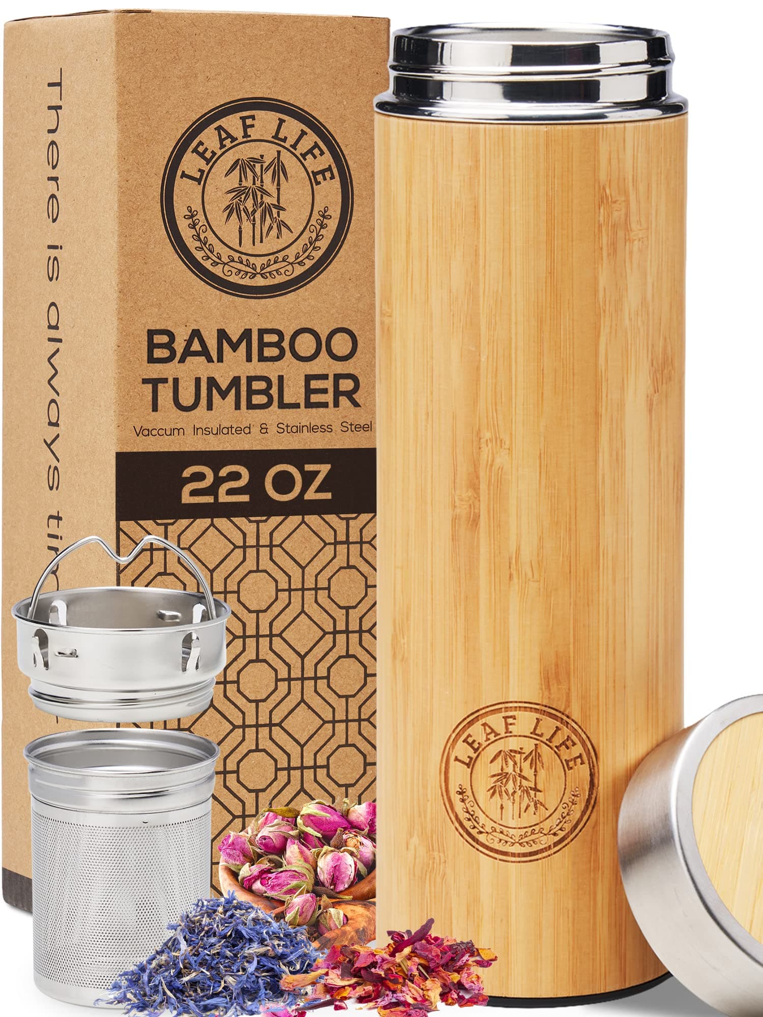 LeafLife Sustainable Bamboo Tumbler with Tea Infuser & Strainer 22oz - Keeps Liquid Hot Cold for 12 Hrs Vacuum Insulated Stainless Steel Travel Mug Bottle Loose Leaf Coffee, Silver