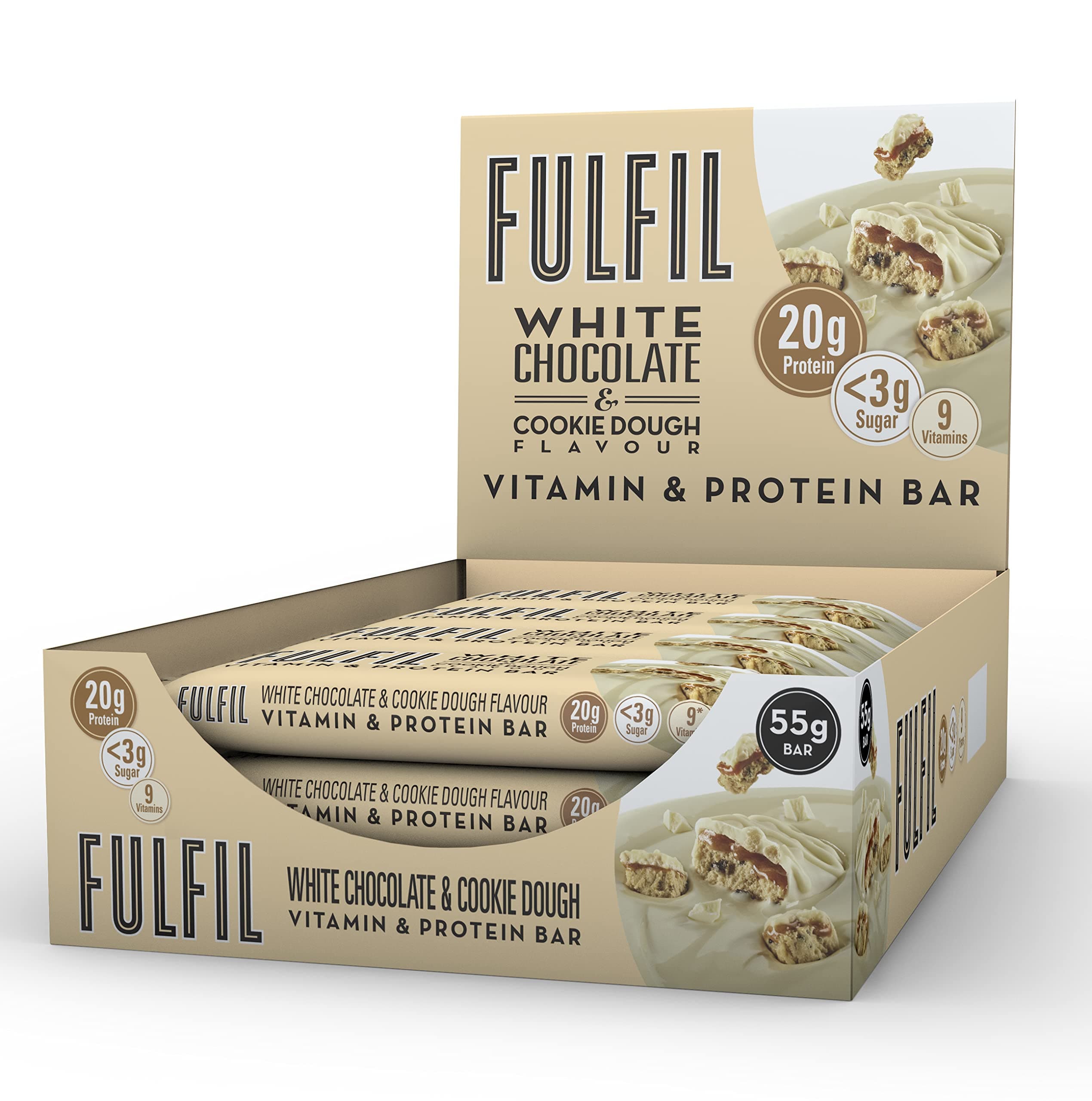 FULFIL Vitamin And Protein Bar 15 X 55G Bars White Chocolate & Cookie Dough Flavour 20G High Protein, 9 Vitamins, Low Sugar