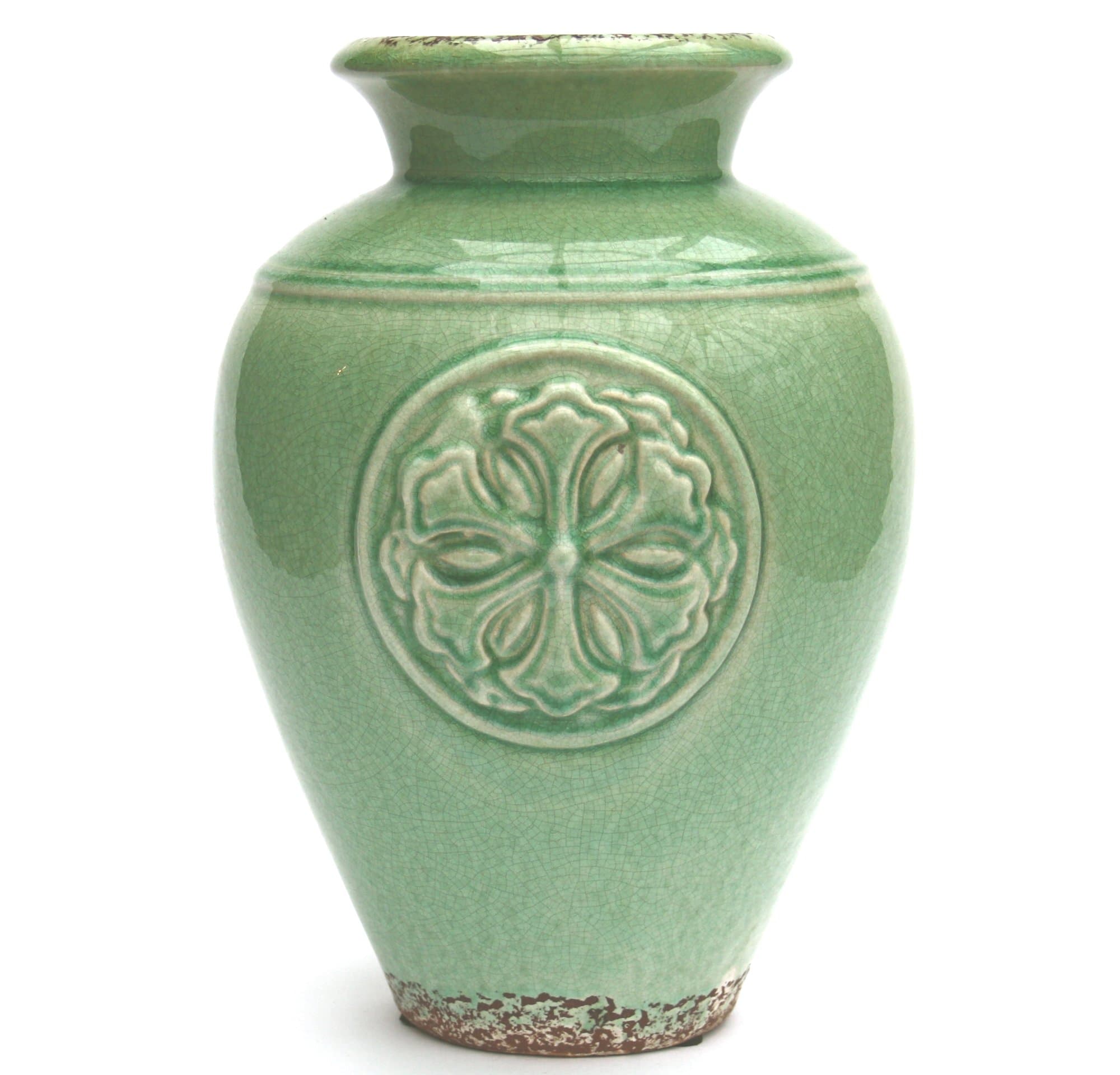 Distressed Spring Green Ceramic Vase with Embossed Motif
