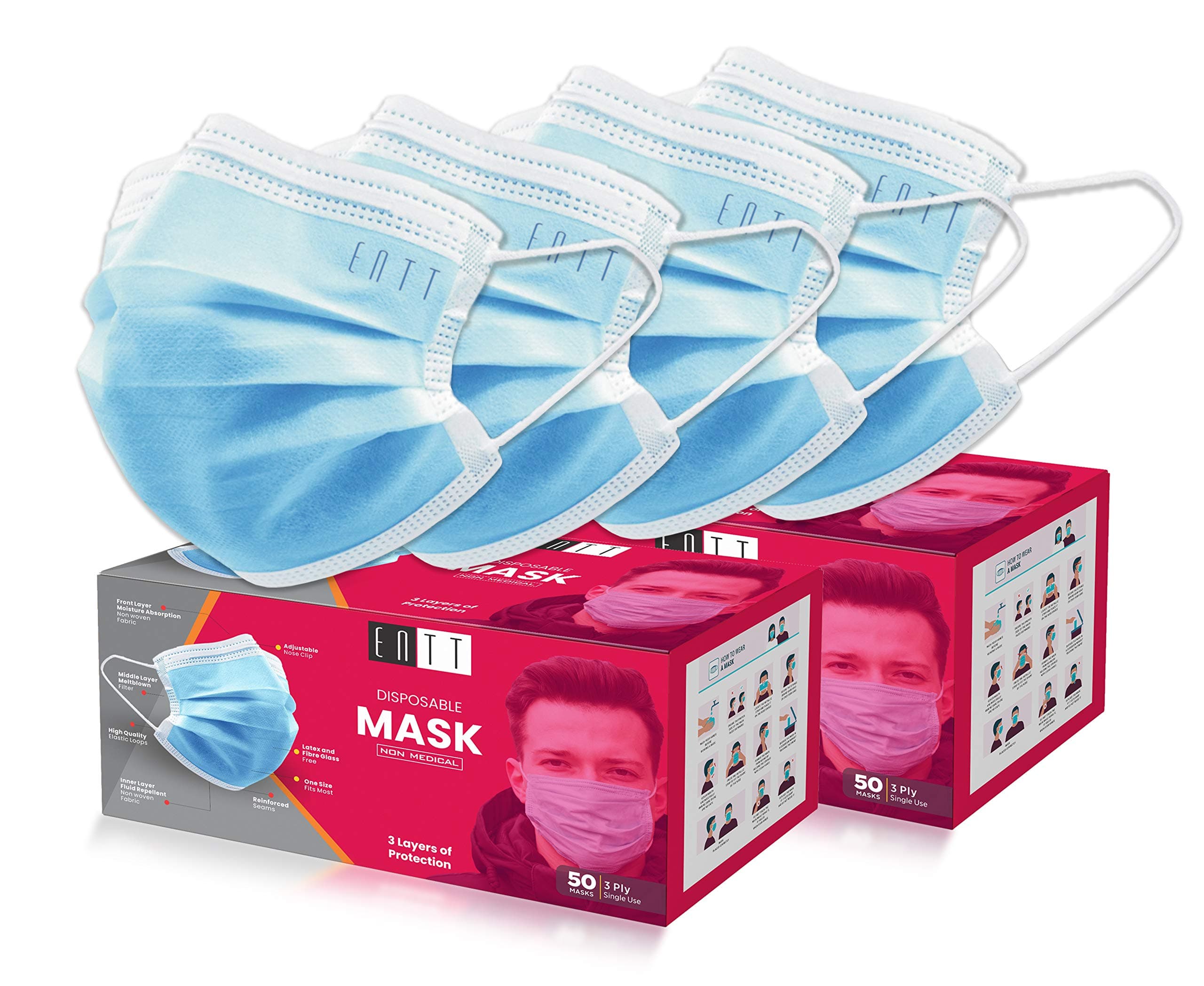 Face Mask - ENTT Bulk Pack 100 Disposable Non Woven Filtration Blue Face Masks - 3 Layer Safety Shield Face Masks for Men, Women - Elastic Earloops - Free Size - Shipped From USA - Unisex Face Mask