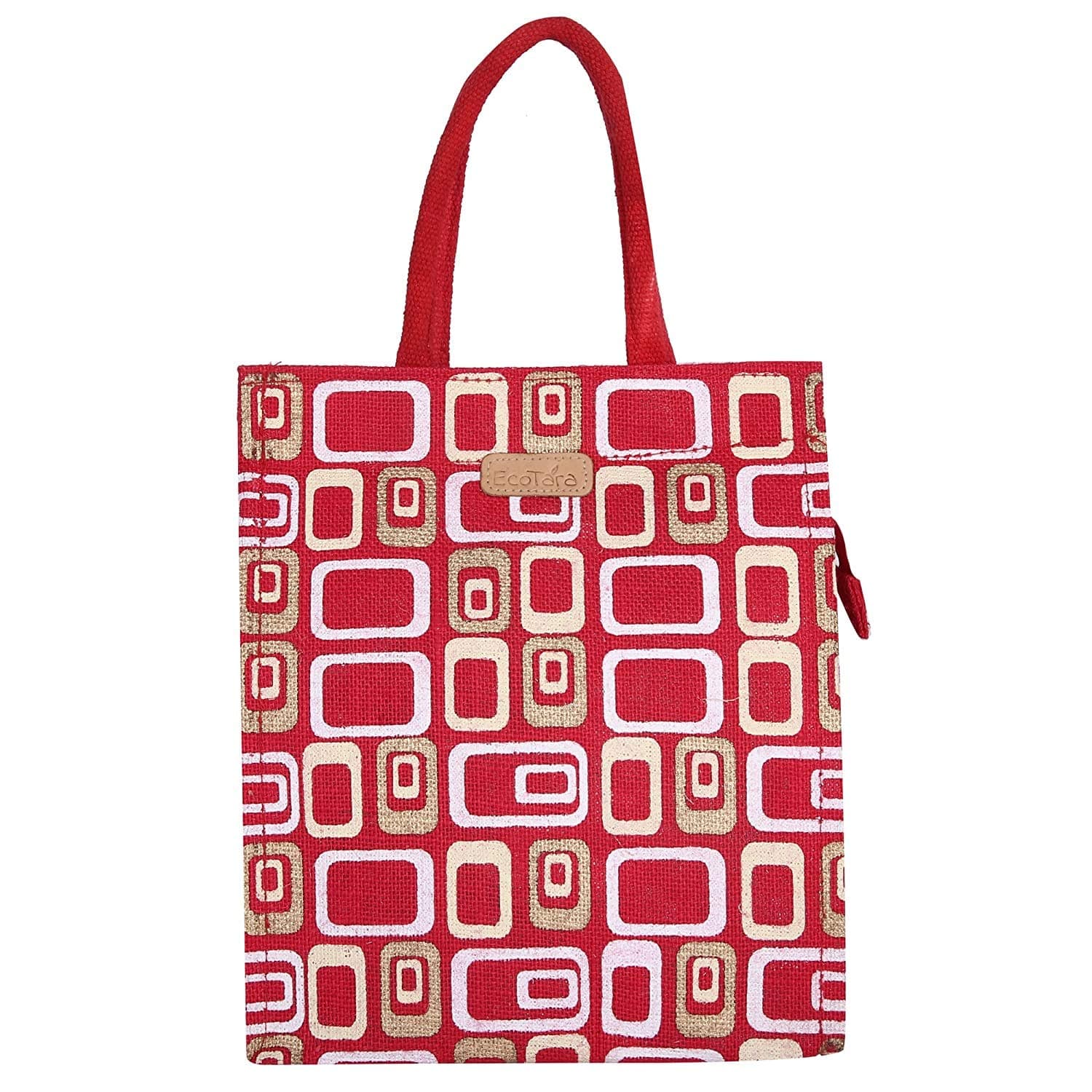 ECOTARA Women's Unique 3 Color Print Golden Glaze Jute Lunch Bag with Bottle holder - Crimson Red