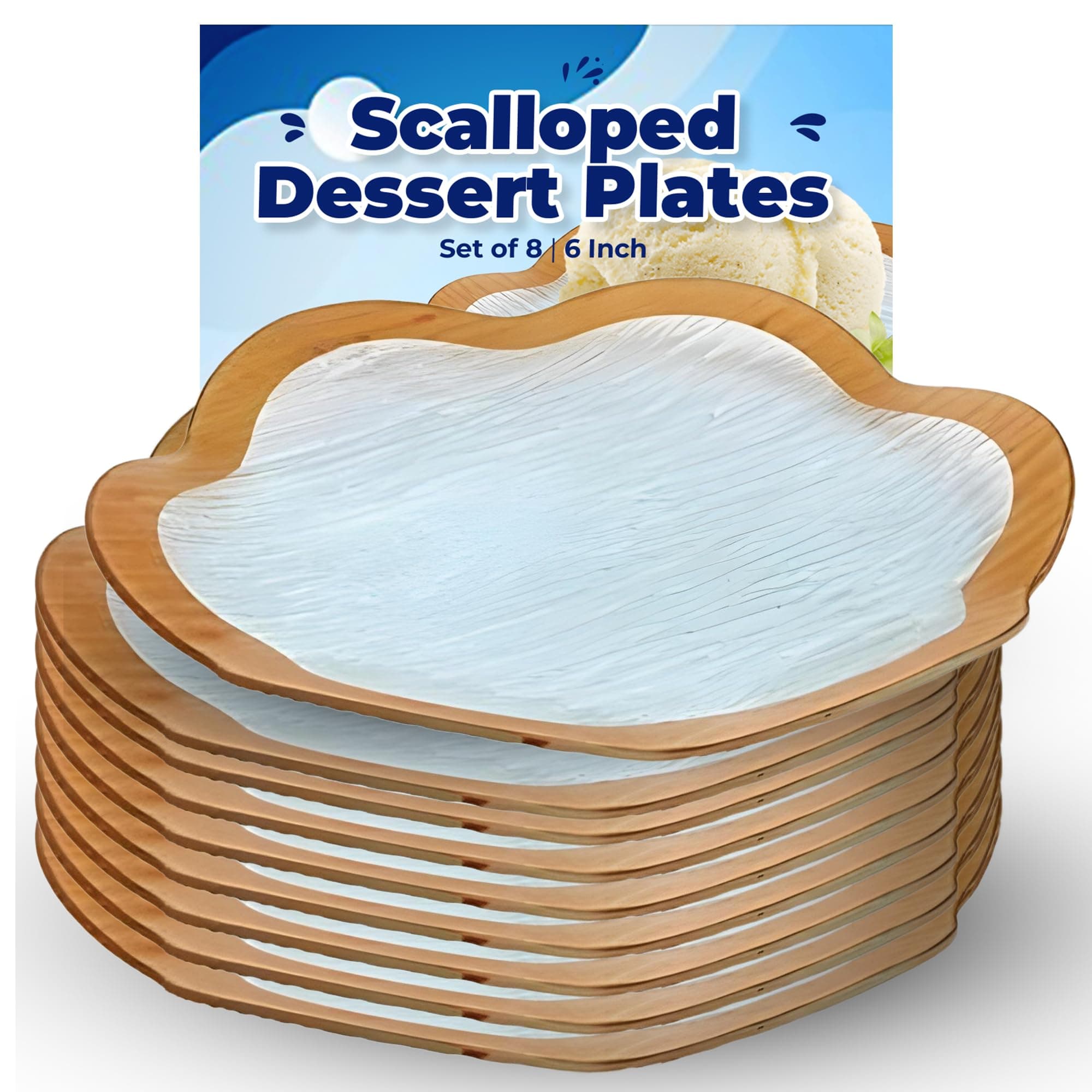 GAC Scalloped Tempered Glass Round Dessert Plates – Durable, Decorative Scalloped Dessert Plates, Elegant Gold Trim, Microwave & Oven Use - Ideal for Entertaining or Present- Set of 8, 6 Inch