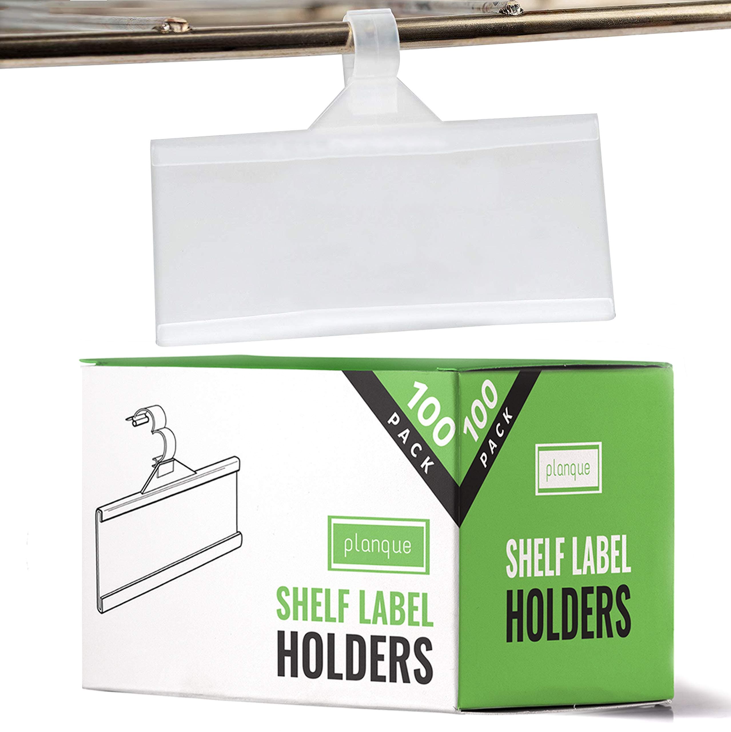 PLANQUE Professional Label Holder, Shelf Labels Holder w Easy Clip Design Snap Lock Closure, Label Holders for Wire Shelves & Baskets, Premium Plastic Label Holder, Retail Price Tag Holder (100 Pack)