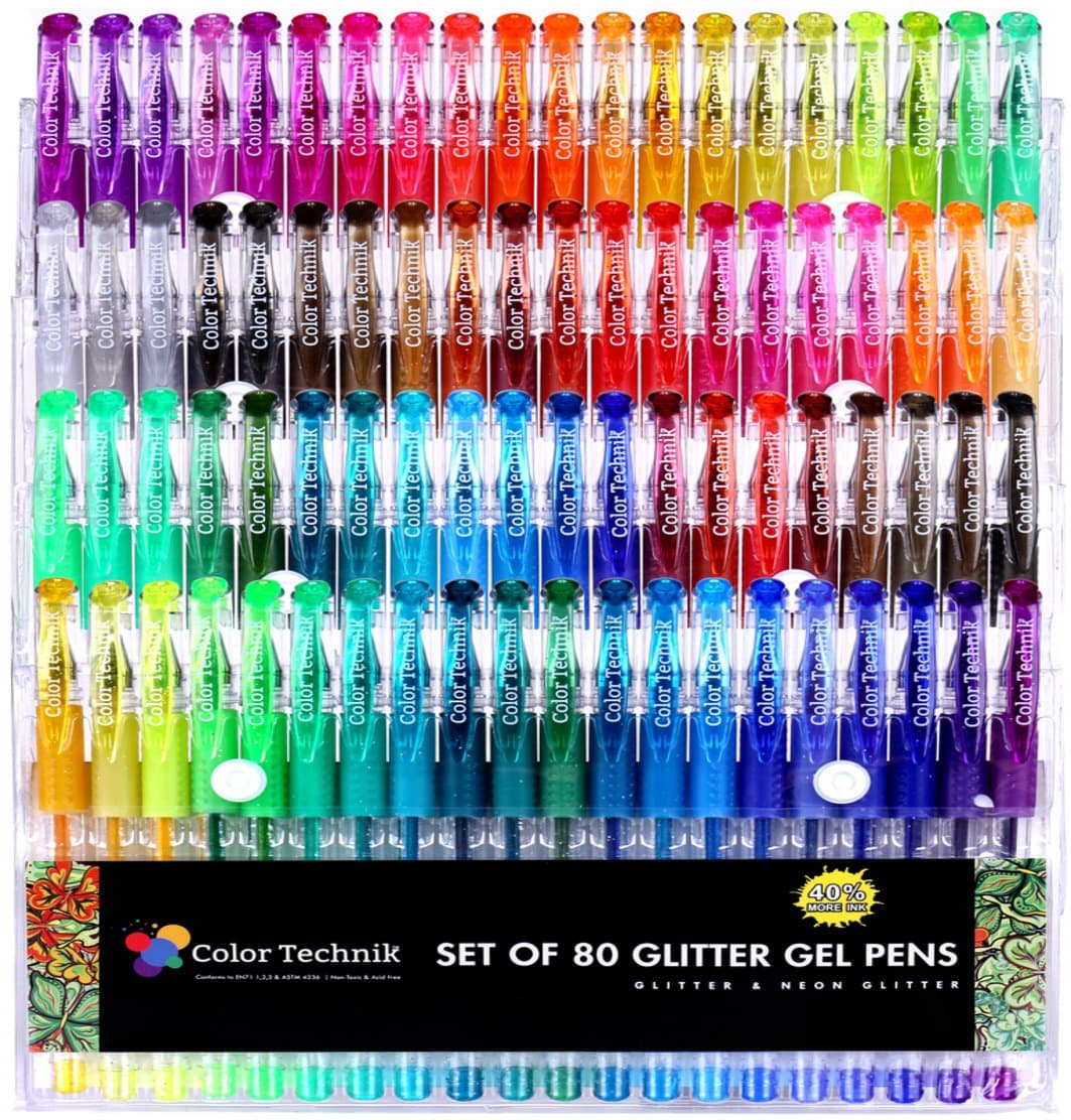 Glitter Gel Pens by Color Technik, Set of 80 Glitter and Neon Glitter Pens, Assorted Colours, No Duplicates, 40% More Ink, Enhance Your Adult Colouring Book Experience Now, Perfect Gift Idea