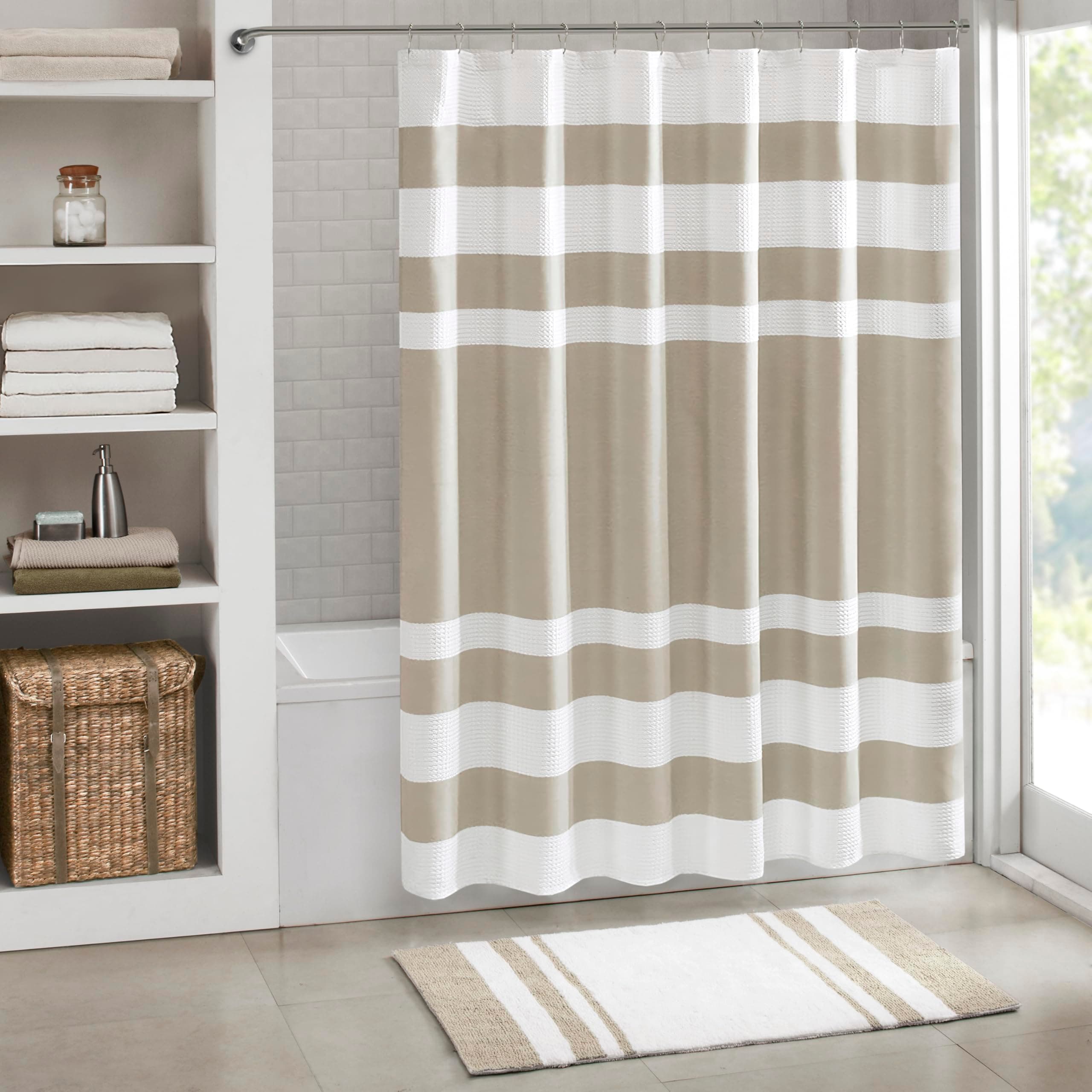 Madison Park Shower Curtain Waffle Weave Striped Pieced Design Fabric Shower Curtain for Bathroom with 3M Scotchgard Moisture Management Premium Spa Quality Modern Standard 72"x72" Taupe