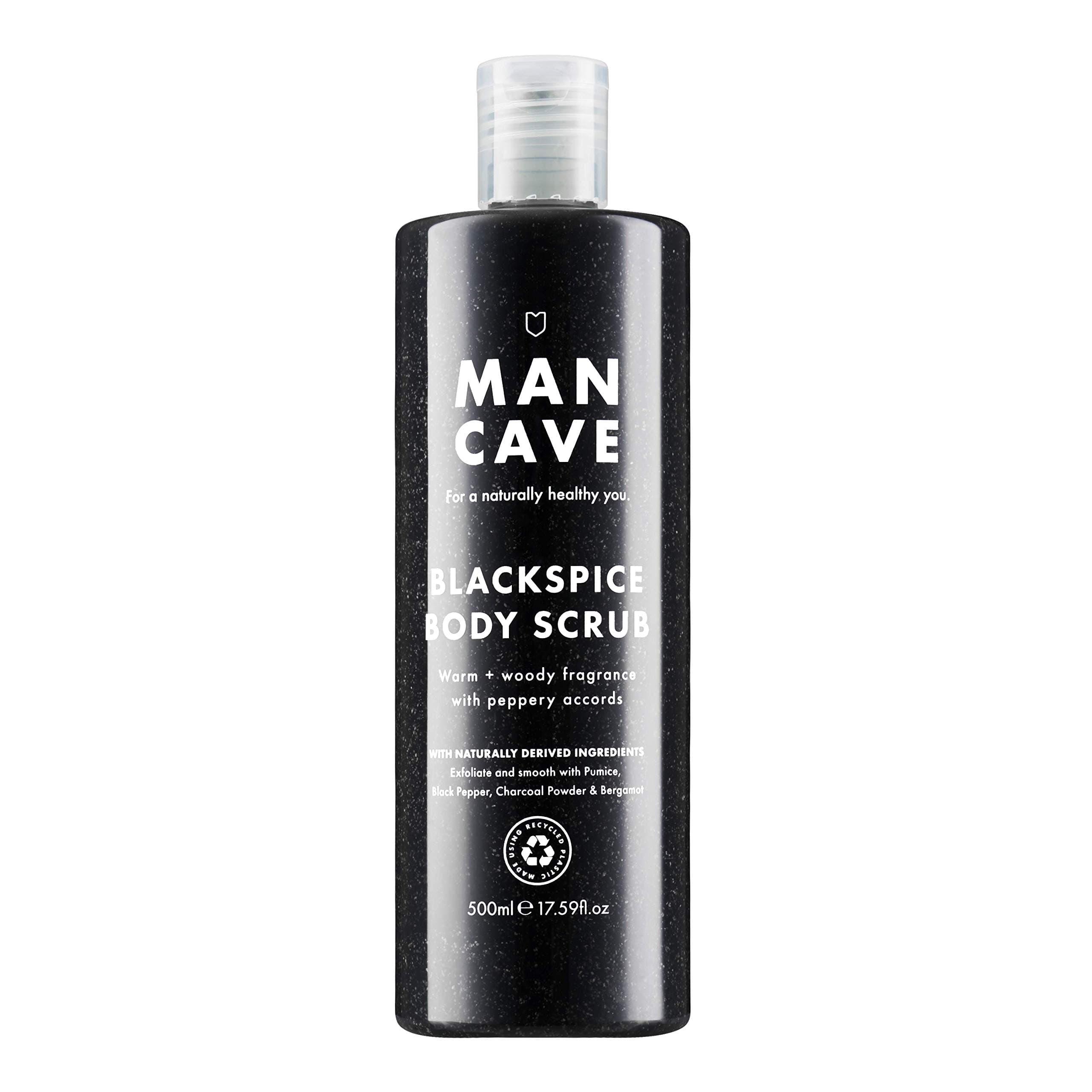 ManCave Blackspice Mens Body Scrub, 500 ml, Body Wash, Natural Formulation, Vegan, Eco-Conscious and Cruelty-Free, Warm & Woody Shower Gel for Men with Pumice, Charcoal, Body Wash for Men