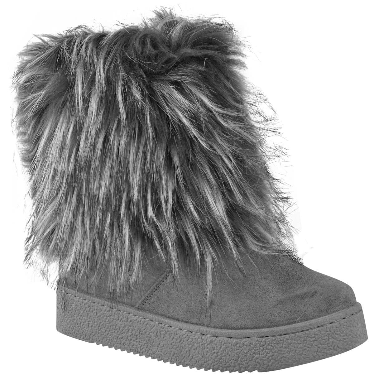 Womens Flat Faux Fur Furry Winter Ankle Boots Low Heel Fluffy Casual Size