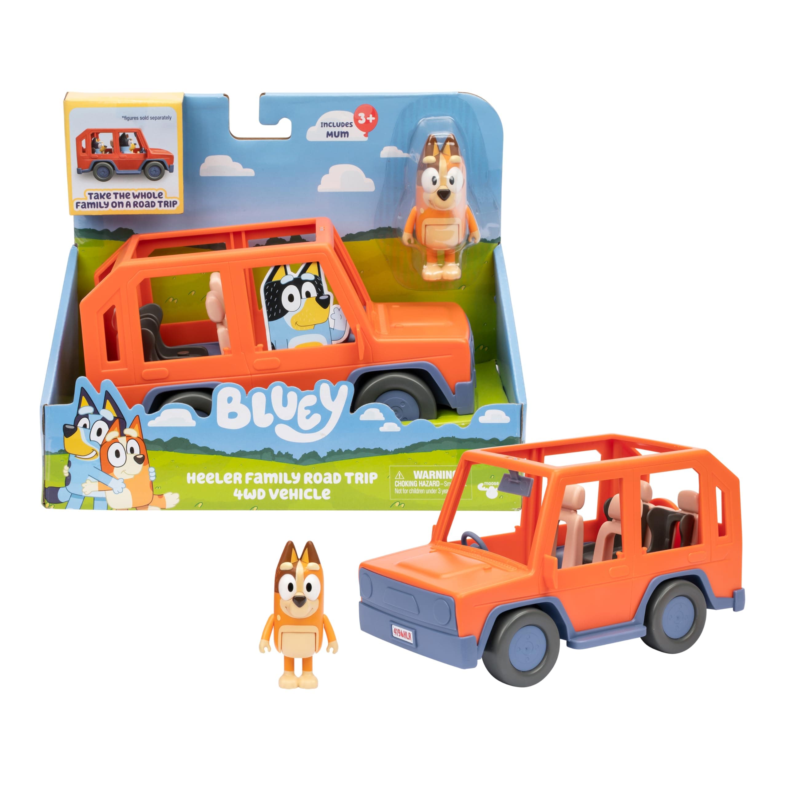BlueY Heeler Family Car; Trip with Family Heeler; Includes articulated Chilli figure; Open roof for insertion figures; Ideal for all 2.5 inch figures (sold separately)