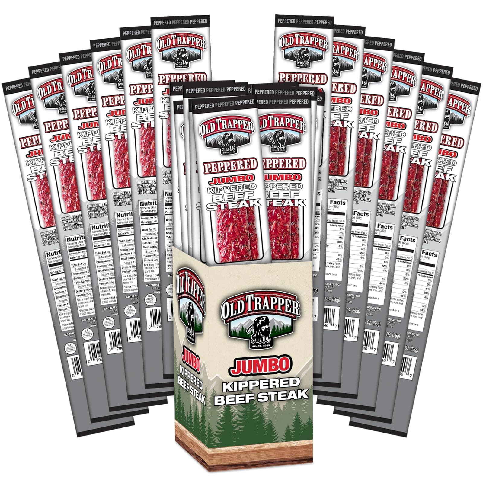 Kippered Steak, Peppered Flavor, Two-Ounce Individually Wrapped Packages, Spicy Meat Snack for Between Meal Bites, 22 Grams of Protein per Serving (Pack of 12)