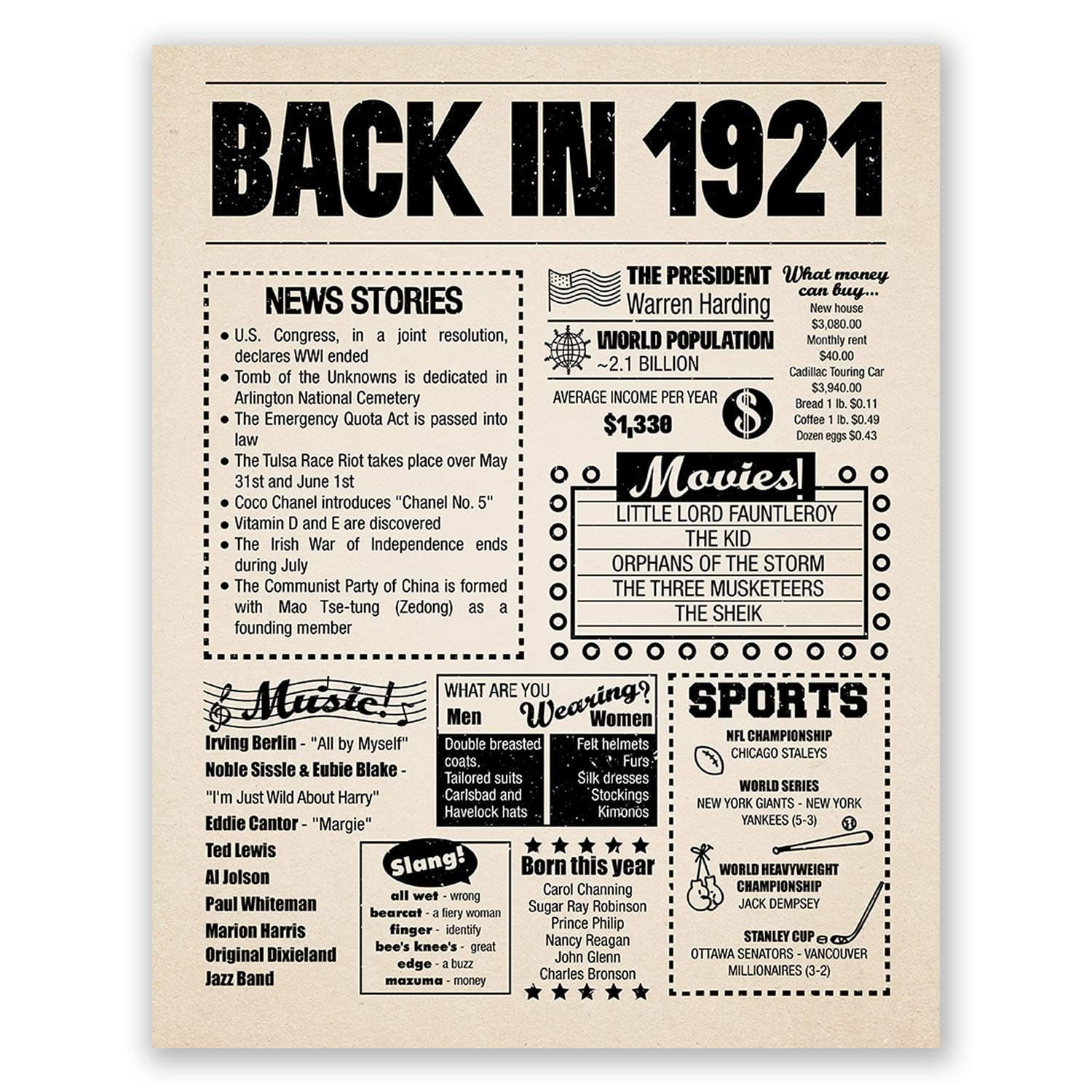 8x10 1921 Birthday Gift // Back in 1921 Newspaper Poster // 103rd Birthday Gift // 103rd Party Decoration // 103rd Birthday Sign // Born in 1921 Print (8x10, Newspaper, 1921)