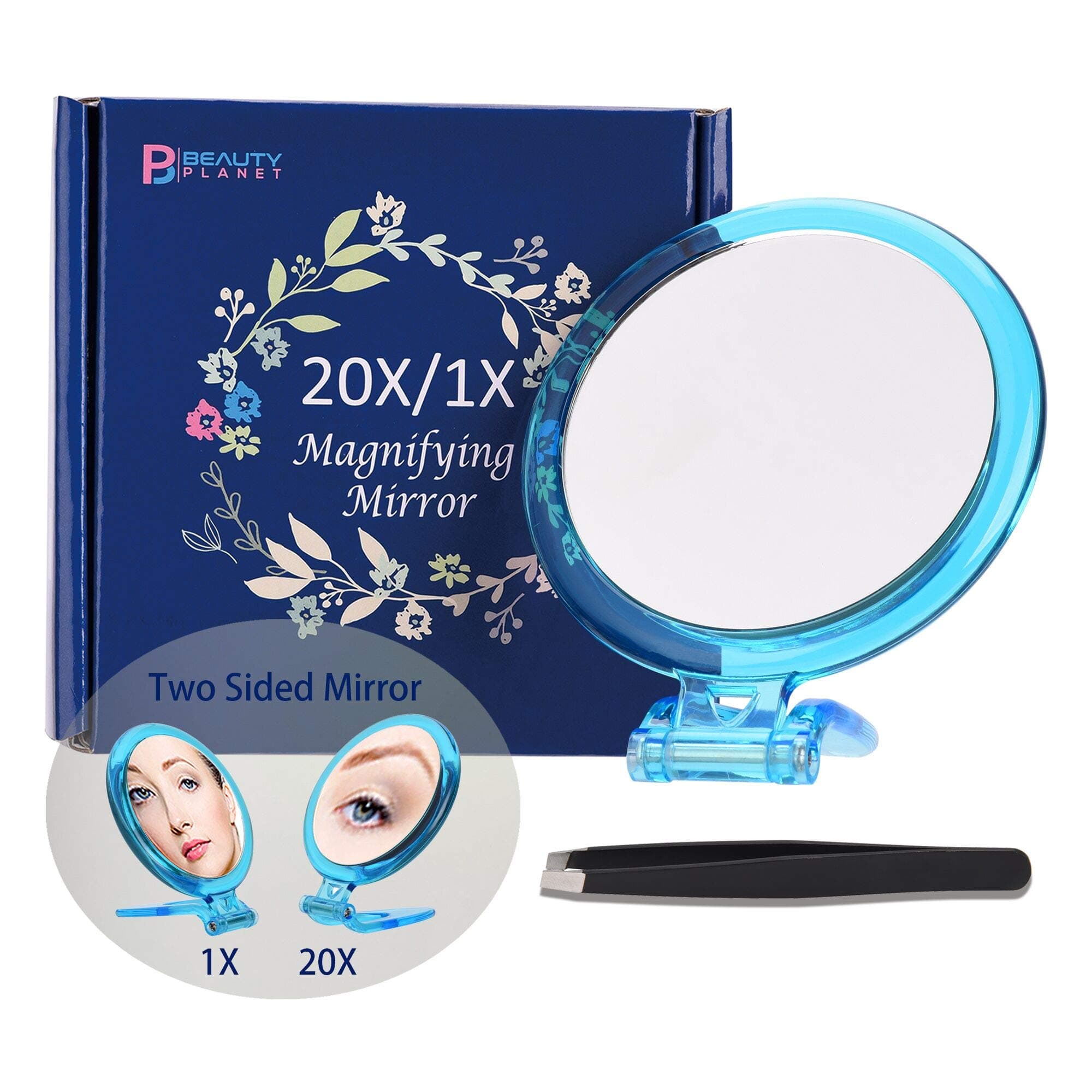 B Beauty Planet 20X Magnifying Mirror, Two Sided Mirror, 20X/1X Magnification, Folding Makeup Mirror with Handheld/Stand,Use for Makeup Application, Tweezing, and Blackhead/Blemish Removal. (Blue)