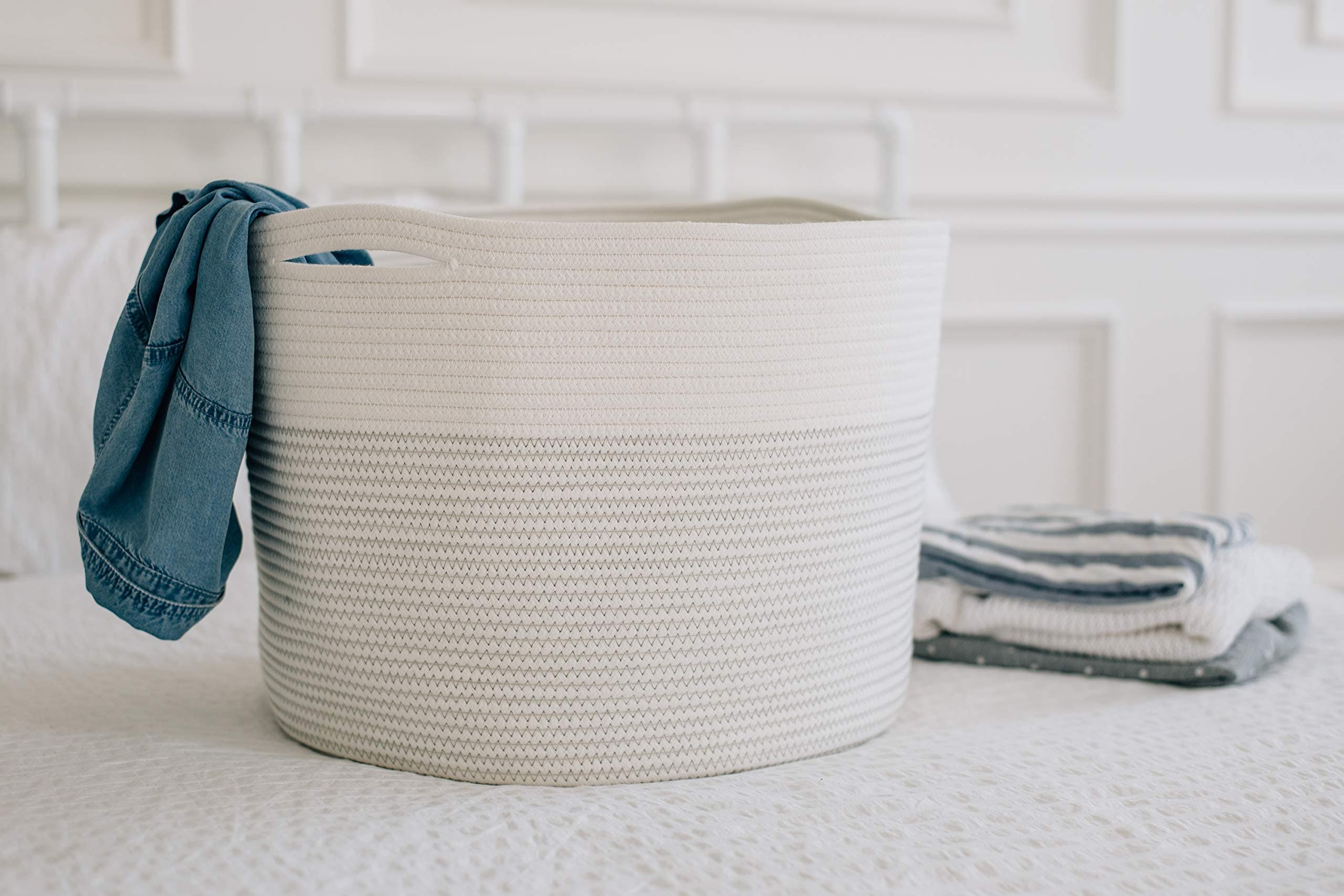 ArtMuseKitsMikash Woven Cotton Rope Storage Basket Extra Large Sturdy White Laundry Baby Toy 14x17