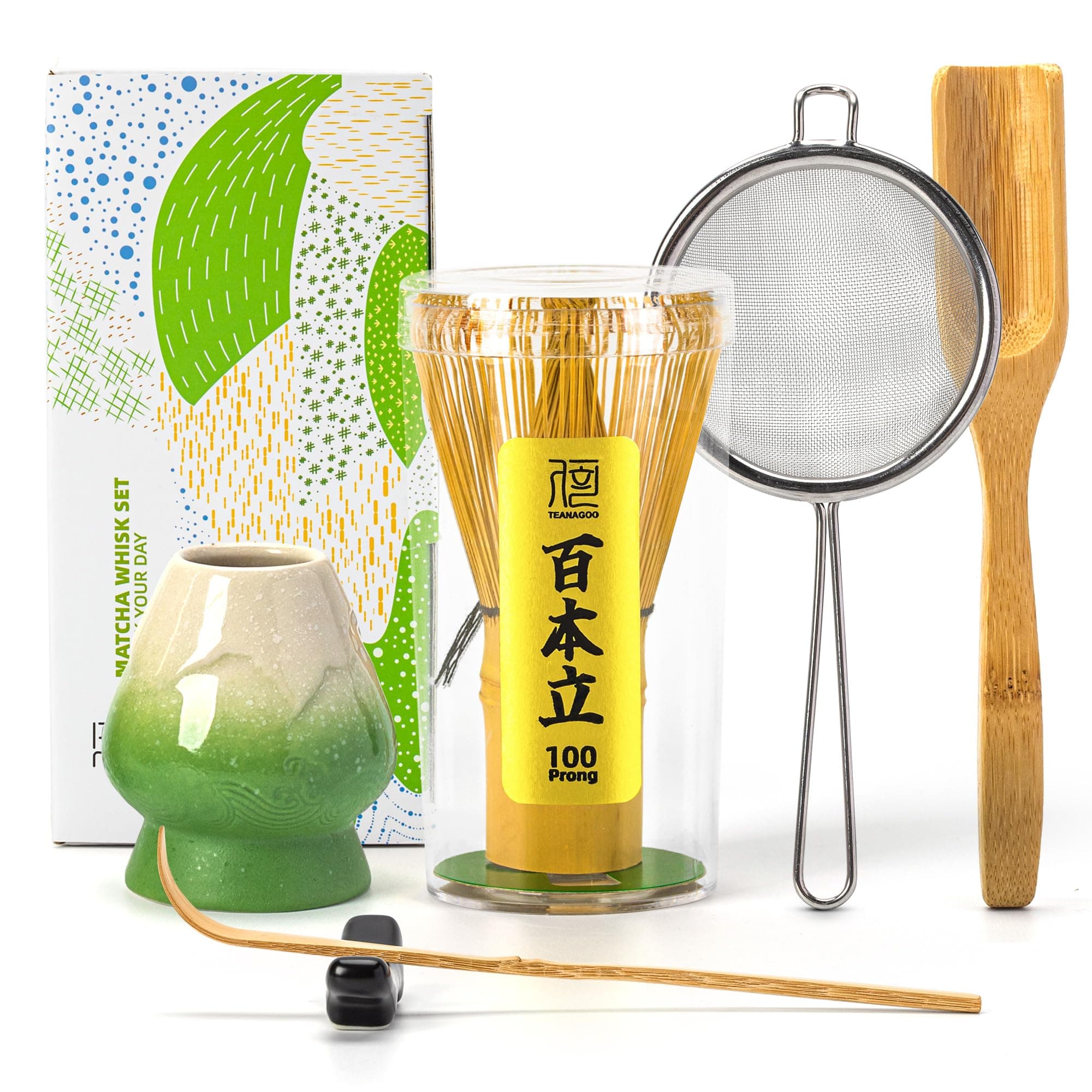 TEANAGOO Matcha Whisk Set,Matcha Whisk(100 prongs) with Green Holder,6-PCS Traditional Starter Set,Scoop(Chashaku),Tea Spoon,Bamboo Chasen for Making Latte,Ceremony Accessory,Gife for Friend/Family